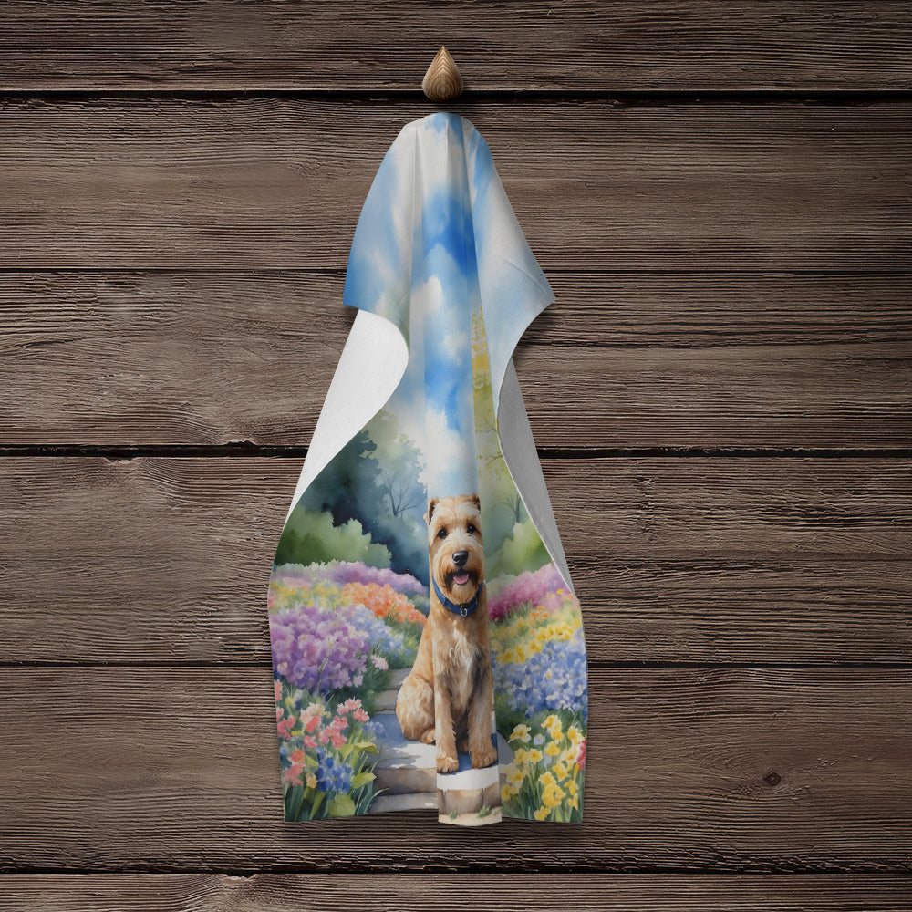 Wheaten Terrier Spring Path Kitchen Towel Velour Plush Front and Cotton Loop Back Machine Washable