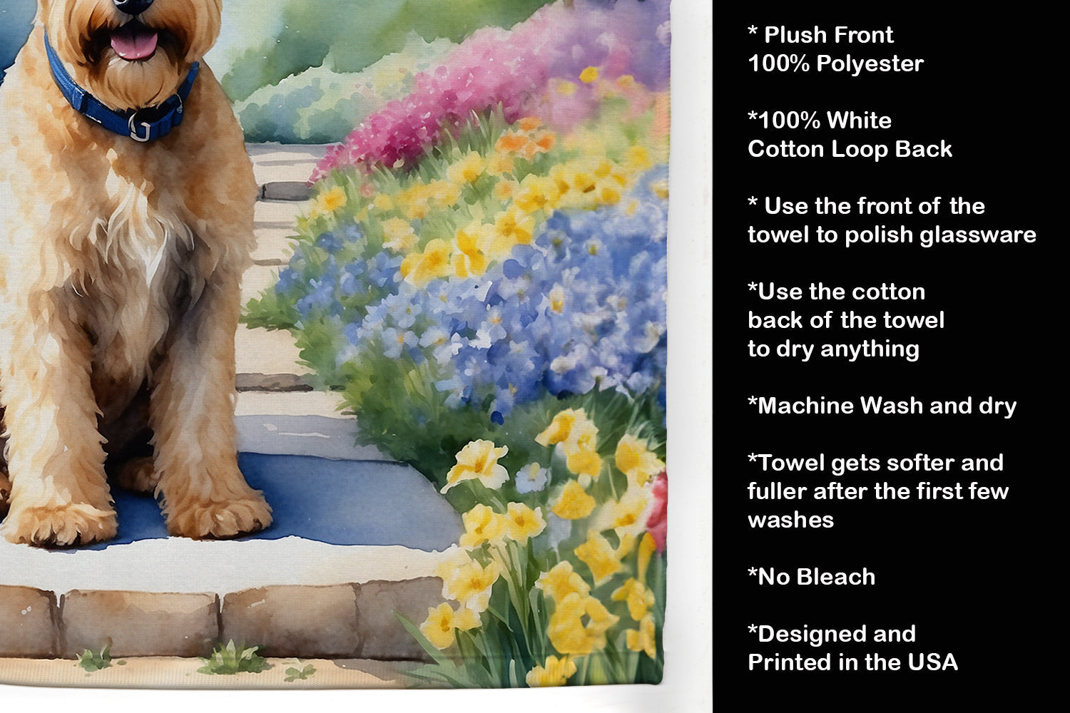 Wheaten Terrier Spring Path Kitchen Towel Velour Plush Front and Cotton Loop Back Machine Washable
