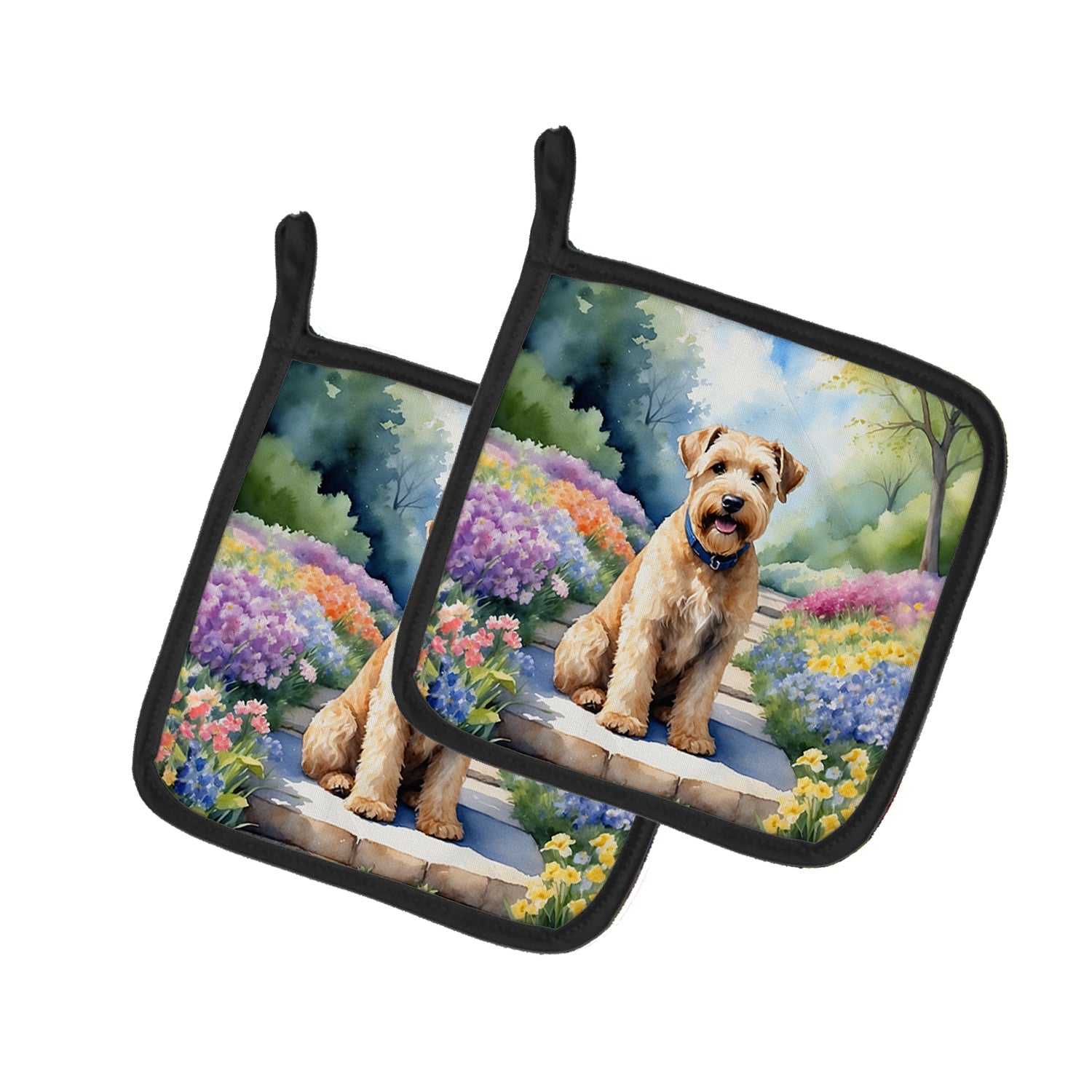 Wheaten Terrier Spring Path Pot Holder Set of 2 Heat Resistant Quilted Hot Pads 7.5 x 7.5 Inch, Insulated Kitchen Trivets for Cooking & Baking