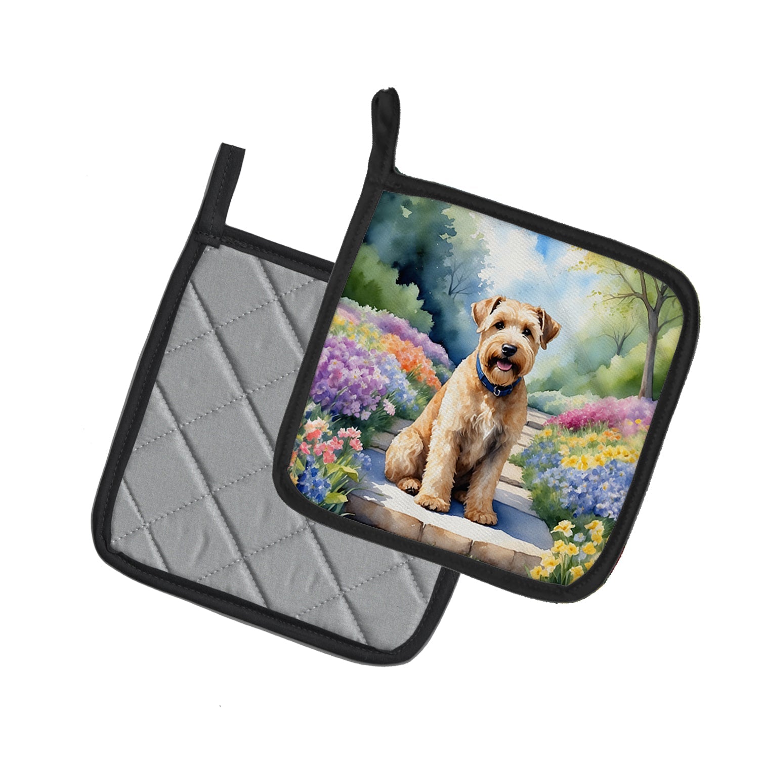 Wheaten Terrier Spring Path Pot Holder Set of 2 Heat Resistant Quilted Hot Pads 7.5 x 7.5 Inch, Insulated Kitchen Trivets for Cooking & Baking