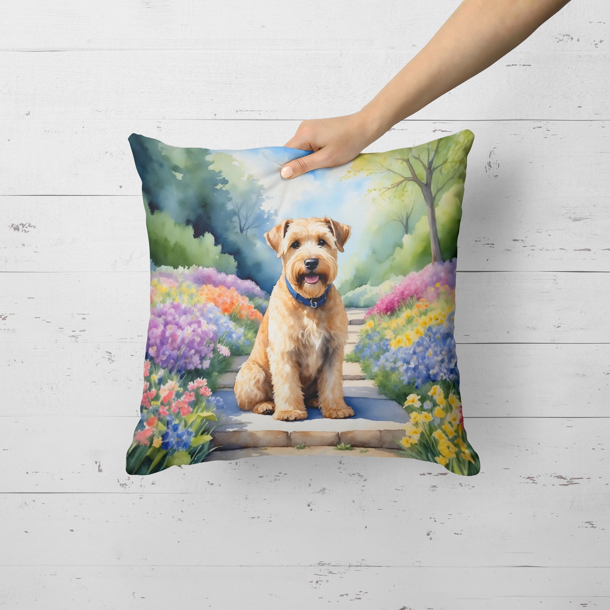 Wheaten Terrier Spring Path Decorative Throw Pillow 18x18 Indoor Outdoor Accent Cushion, Fabric Cover with Insert for Sofa, Bed, Porch & Living Room