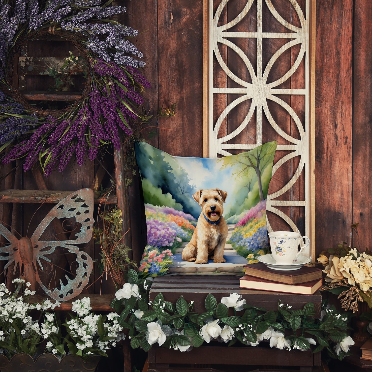 Wheaten Terrier Spring Path Decorative Throw Pillow 18x18 Indoor Outdoor Accent Cushion, Fabric Cover with Insert for Sofa, Bed, Porch & Living Room