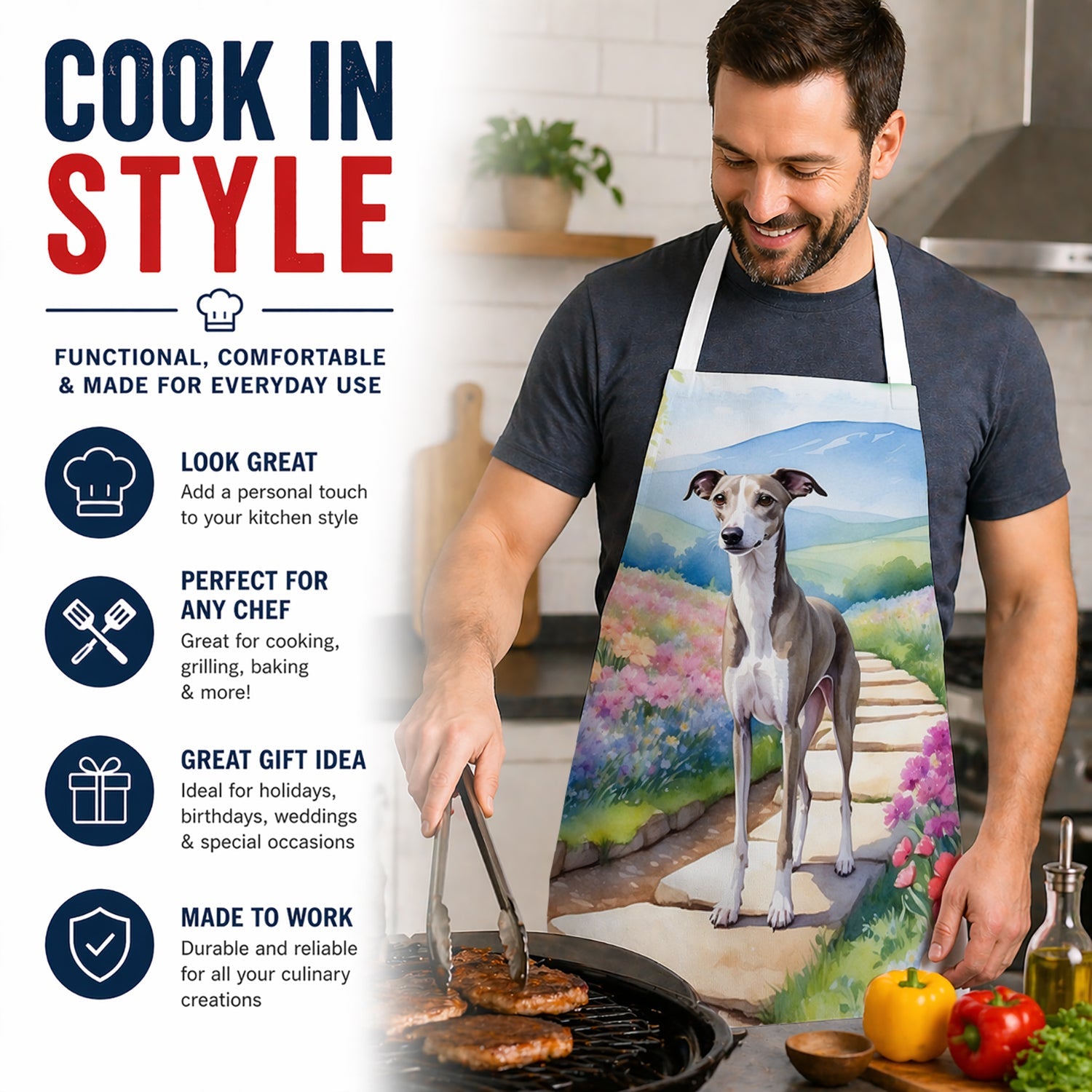 Whippet Spring Path Apron Cooking Kitchen Server Baking Crafts Gardening for Adult Women Men, Unisex, Large, Multicolor