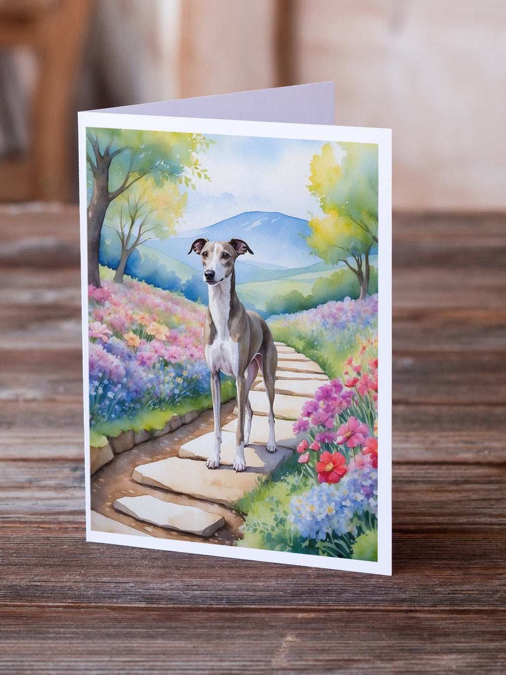 Whippet Spring Path Greeting Cards Pack of 8 Blank Cards with Envelopes Whimsical A7 Size 5x7