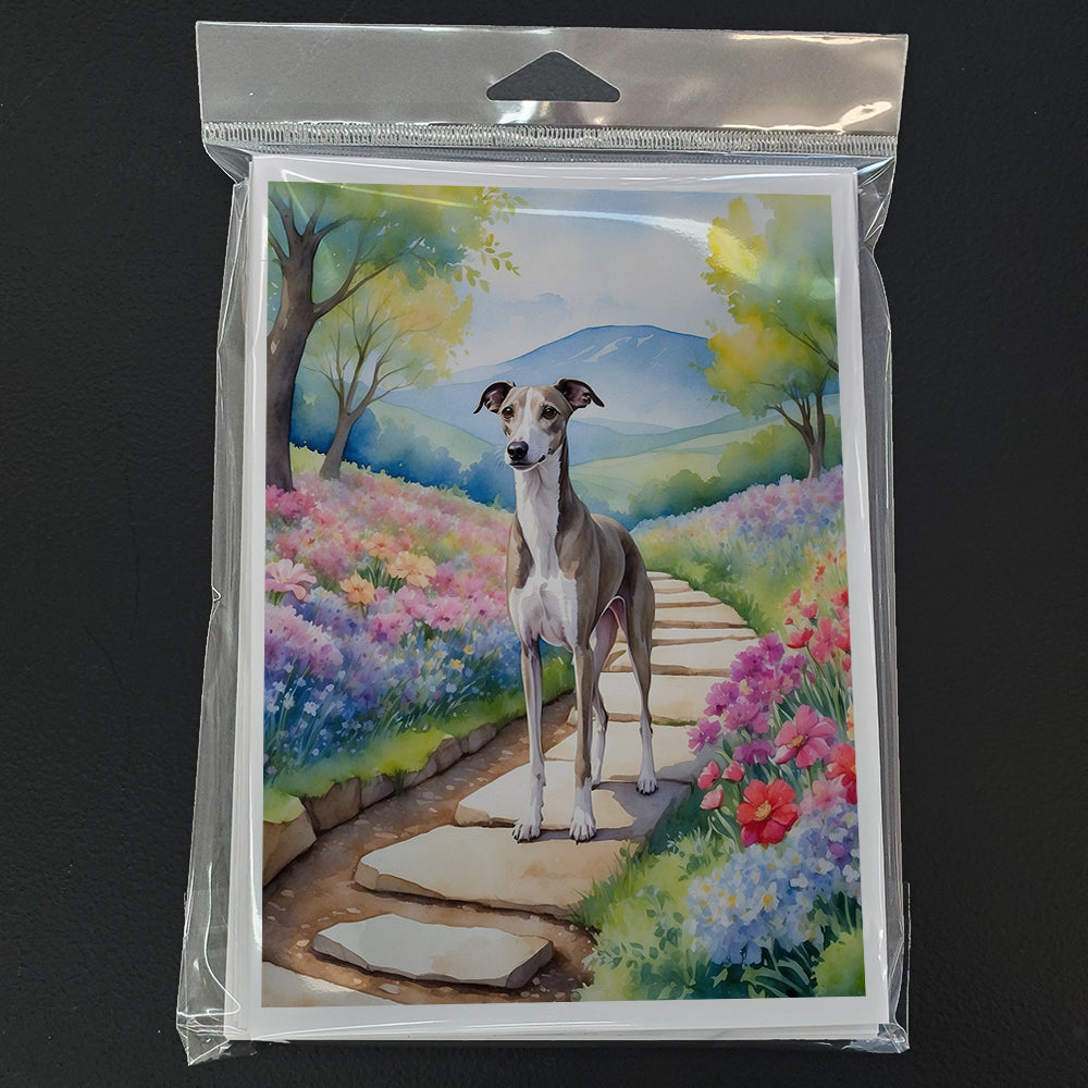 Whippet Spring Path Greeting Cards Pack of 8 Blank Cards with Envelopes Whimsical A7 Size 5x7