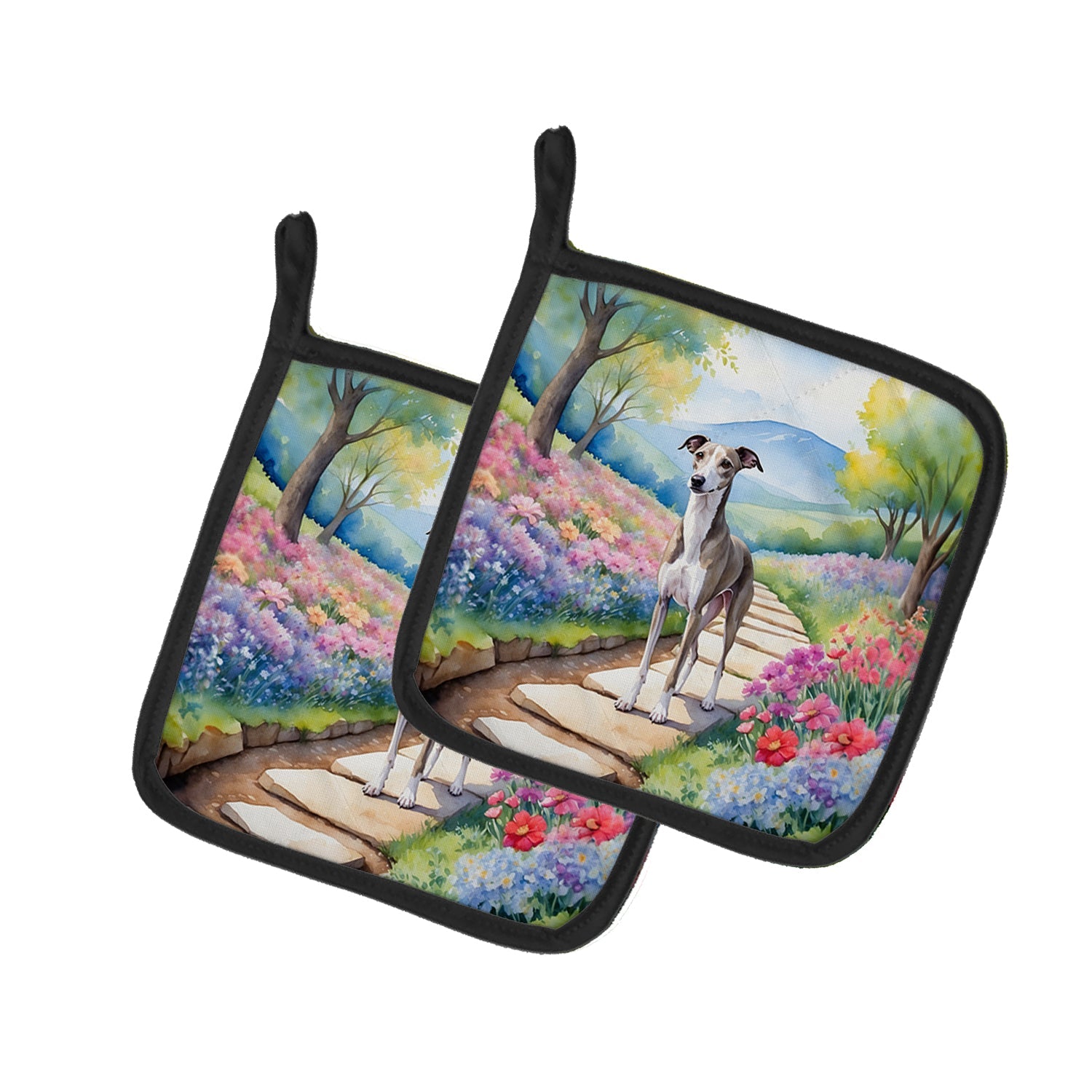 Whippet Spring Path Pot Holder Set of 2 Heat Resistant Quilted Hot Pads 7.5 x 7.5 Inch, Insulated Kitchen Trivets for Cooking & Baking