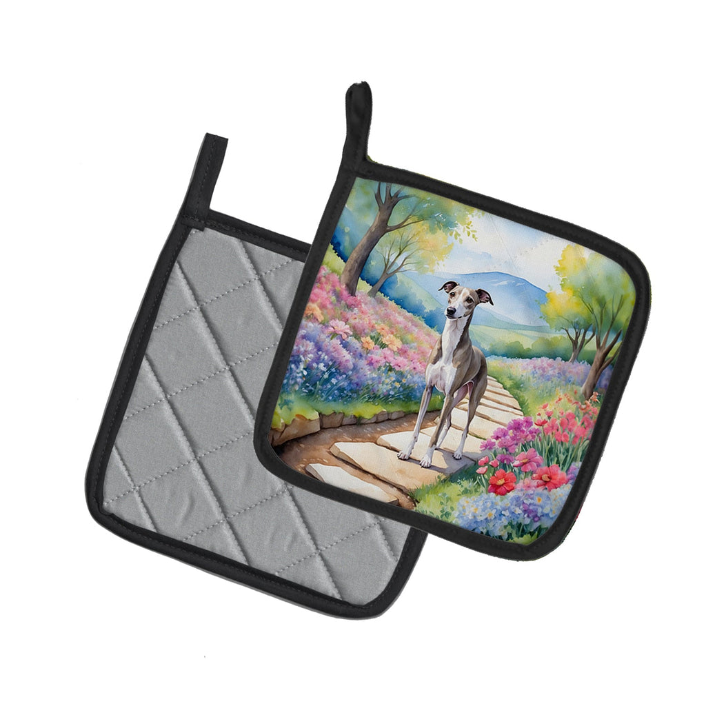Whippet Spring Path Pot Holder Set of 2 Heat Resistant Quilted Hot Pads 7.5 x 7.5 Inch, Insulated Kitchen Trivets for Cooking & Baking