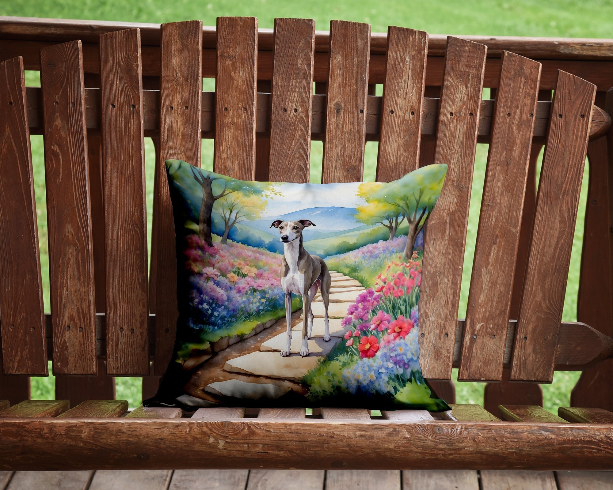 Whippet Spring Path Decorative Throw Pillow 14x14 Indoor Outdoor Accent Cushion, Fabric Cover with Insert for Sofa, Bed, Porch & Living Room