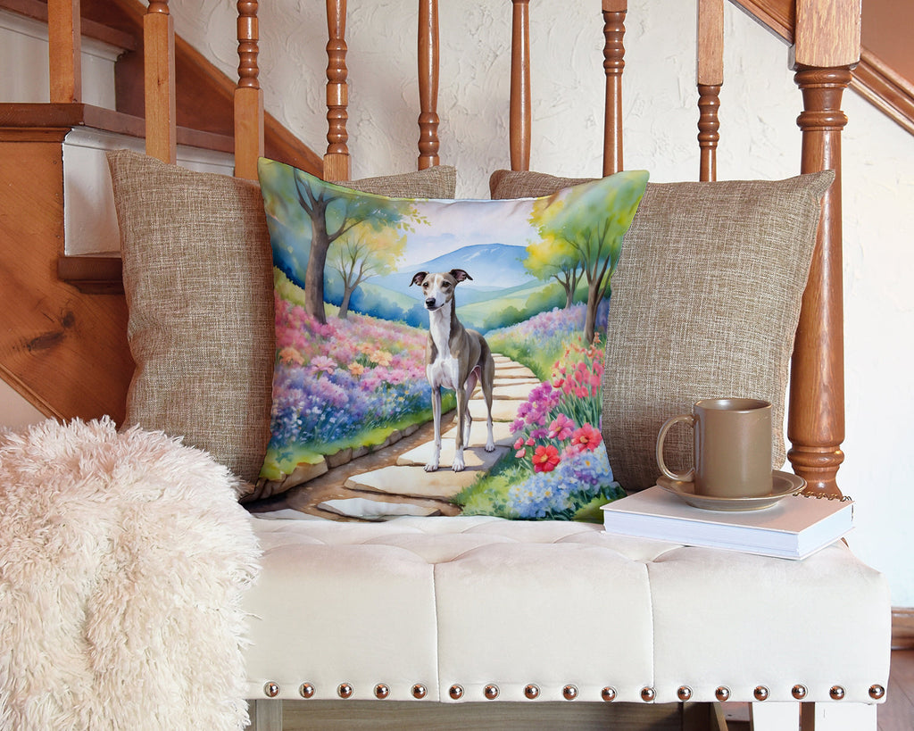 Whippet Spring Path Decorative Throw Pillow 14x14 Indoor Outdoor Accent Cushion, Fabric Cover with Insert for Sofa, Bed, Porch & Living Room
