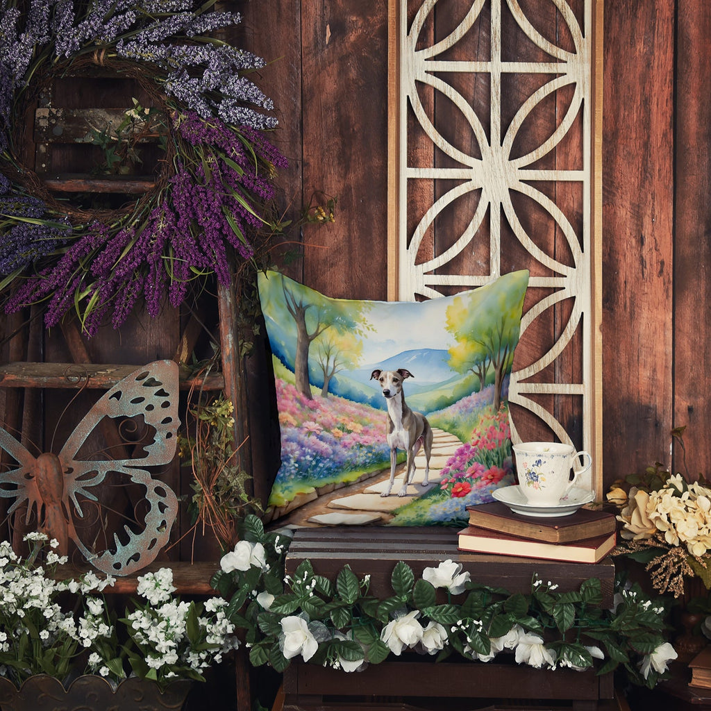 Whippet Spring Path Decorative Throw Pillow 14x14 Indoor Outdoor Accent Cushion, Fabric Cover with Insert for Sofa, Bed, Porch & Living Room