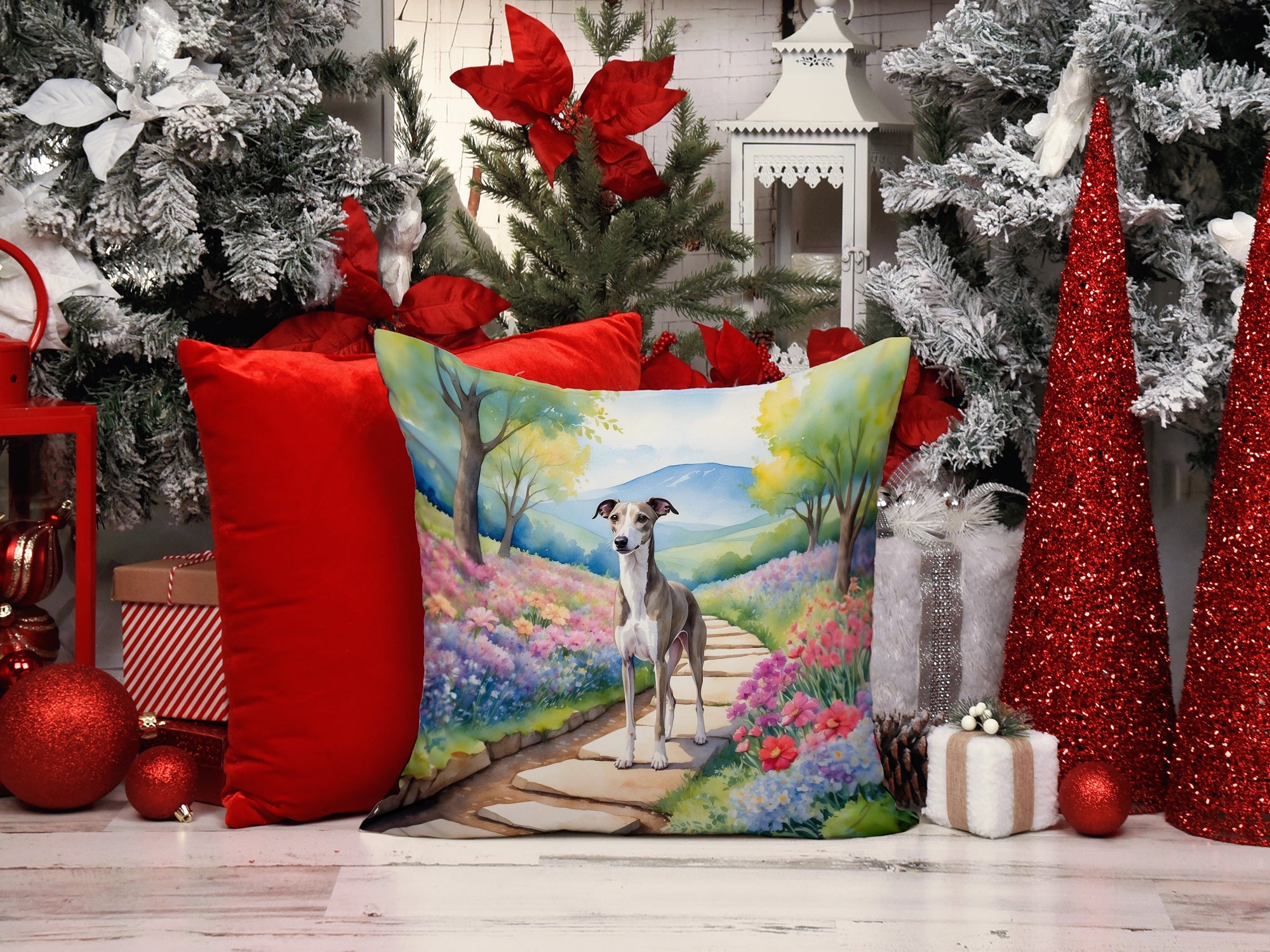 Whippet Spring Path Decorative Throw Pillow 14x14 Indoor Outdoor Accent Cushion, Fabric Cover with Insert for Sofa, Bed, Porch & Living Room