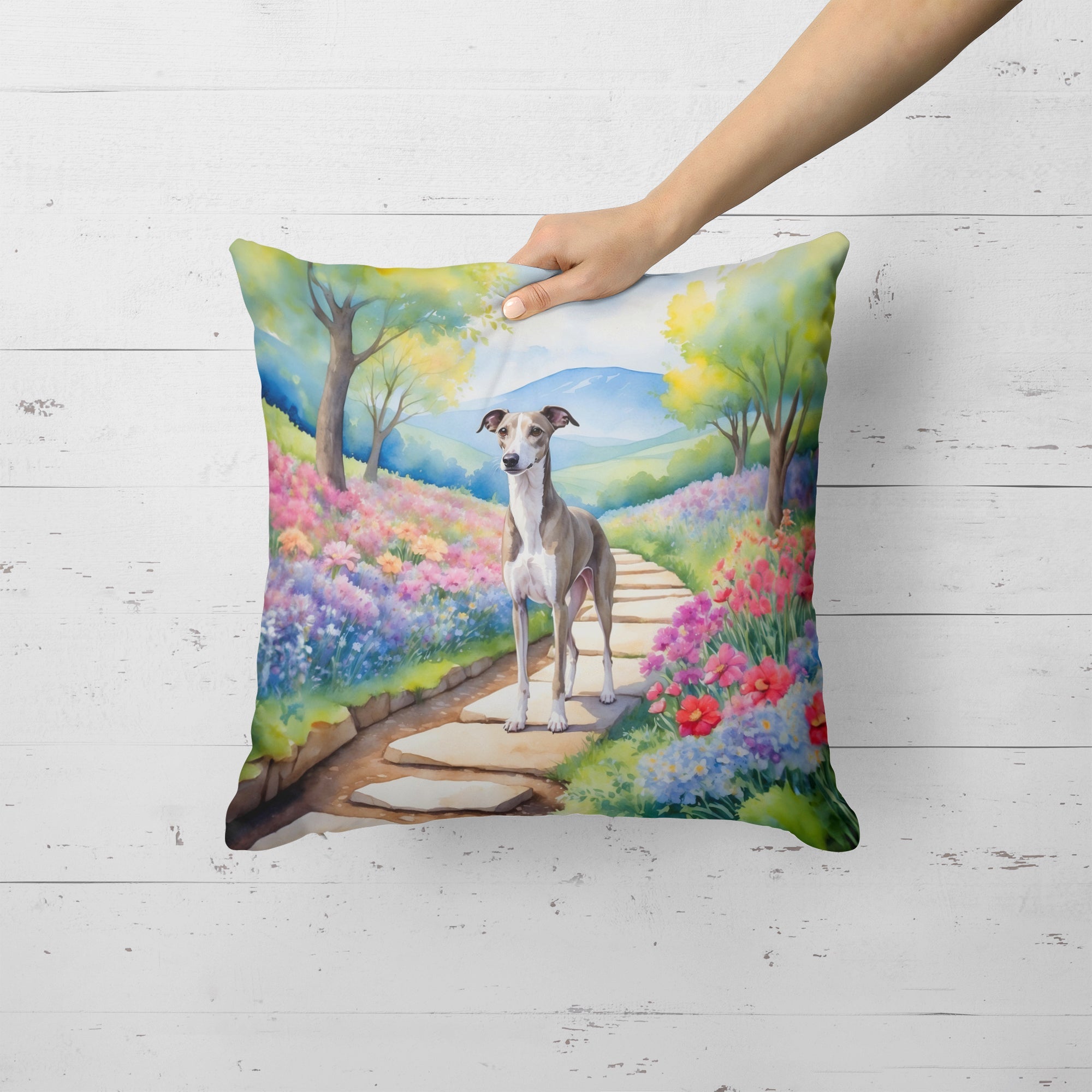 Whippet Spring Path Decorative Throw Pillow 18x18 Indoor Outdoor Accent Cushion, Fabric Cover with Insert for Sofa, Bed, Porch & Living Room