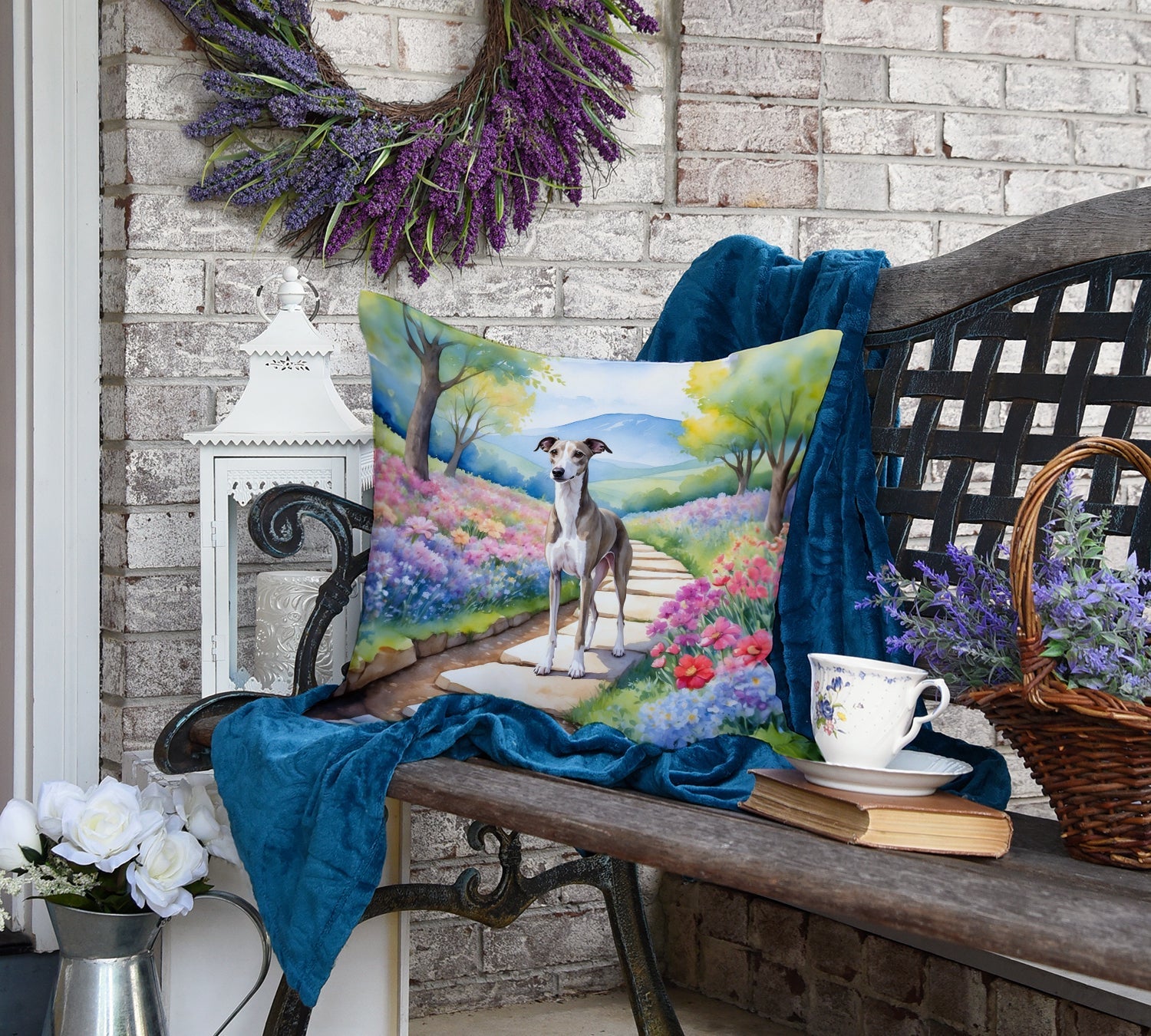 Whippet Spring Path Decorative Throw Pillow 18x18 Indoor Outdoor Accent Cushion, Fabric Cover with Insert for Sofa, Bed, Porch & Living Room
