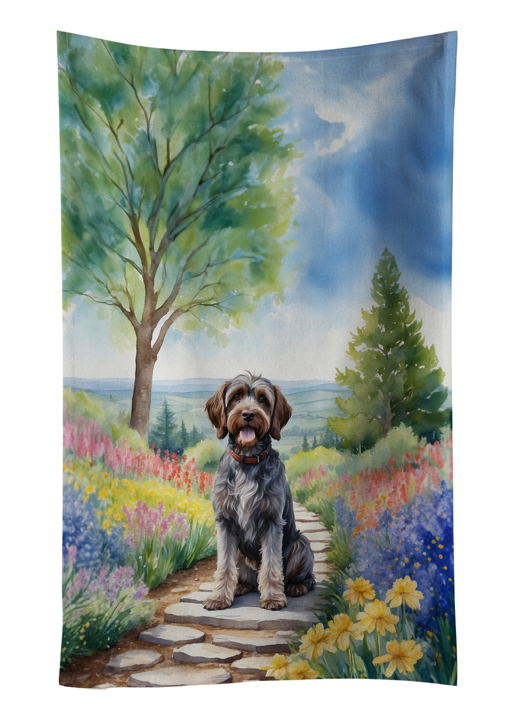 Wirehaired Pointing Griffon Spring Path Kitchen Towel Velour Plush Front and Cotton Loop Back Machine Washable