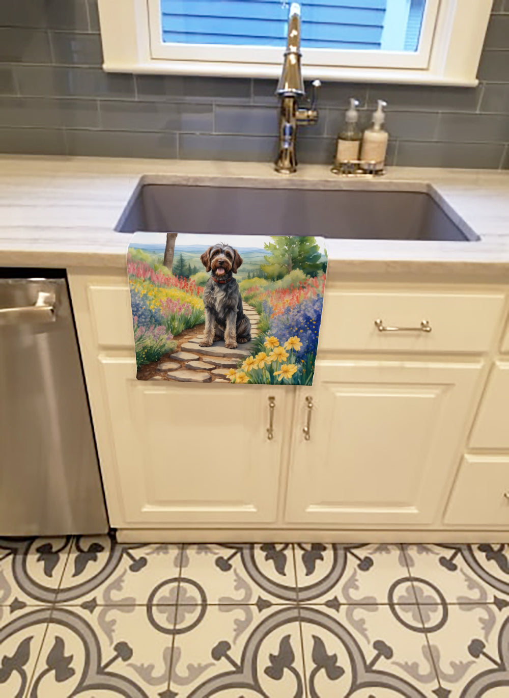 Wirehaired Pointing Griffon Spring Path Kitchen Towel Velour Plush Front and Cotton Loop Back Machine Washable