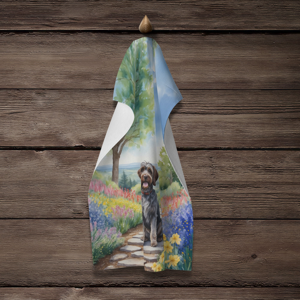 Wirehaired Pointing Griffon Spring Path Kitchen Towel Velour Plush Front and Cotton Loop Back Machine Washable