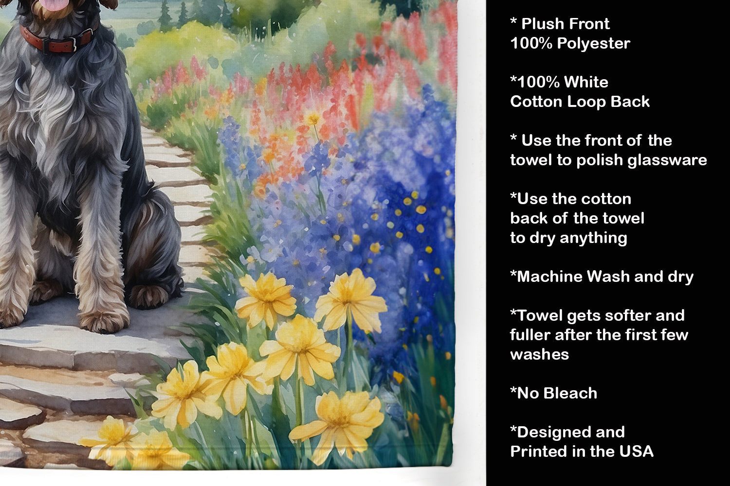 Wirehaired Pointing Griffon Spring Path Kitchen Towel Velour Plush Front and Cotton Loop Back Machine Washable