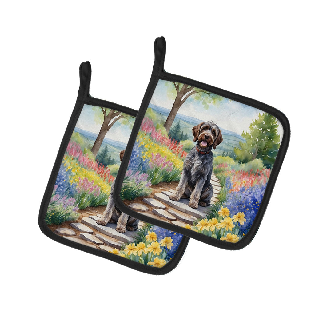 Wirehaired Pointing Griffon Spring Path Pot Holder Set of 2 Heat Resistant Quilted Hot Pads 7.5 x 7.5 Inch, Insulated Kitchen Trivets for Cooking & Baking
