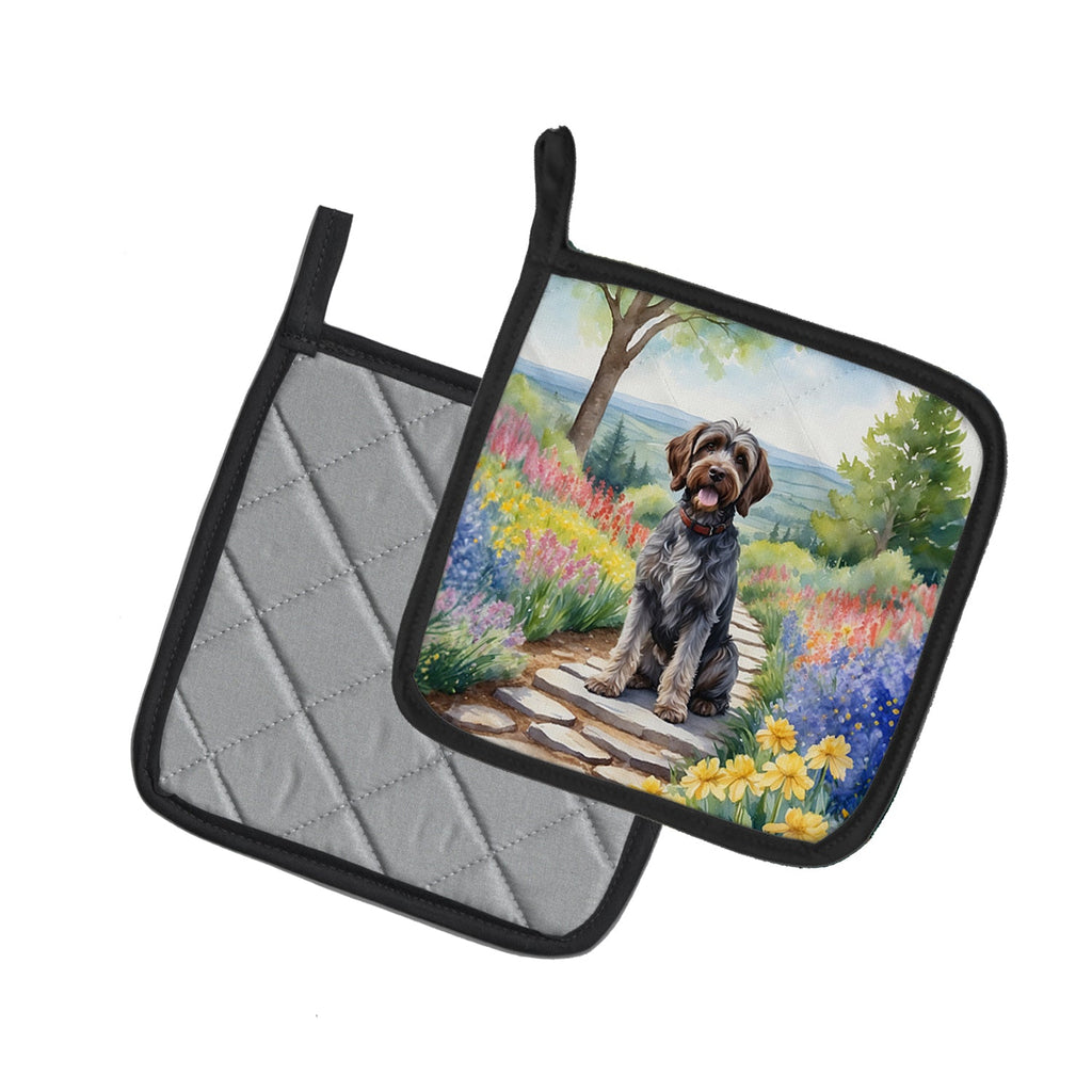 Wirehaired Pointing Griffon Spring Path Pot Holder Set of 2 Heat Resistant Quilted Hot Pads 7.5 x 7.5 Inch, Insulated Kitchen Trivets for Cooking & Baking