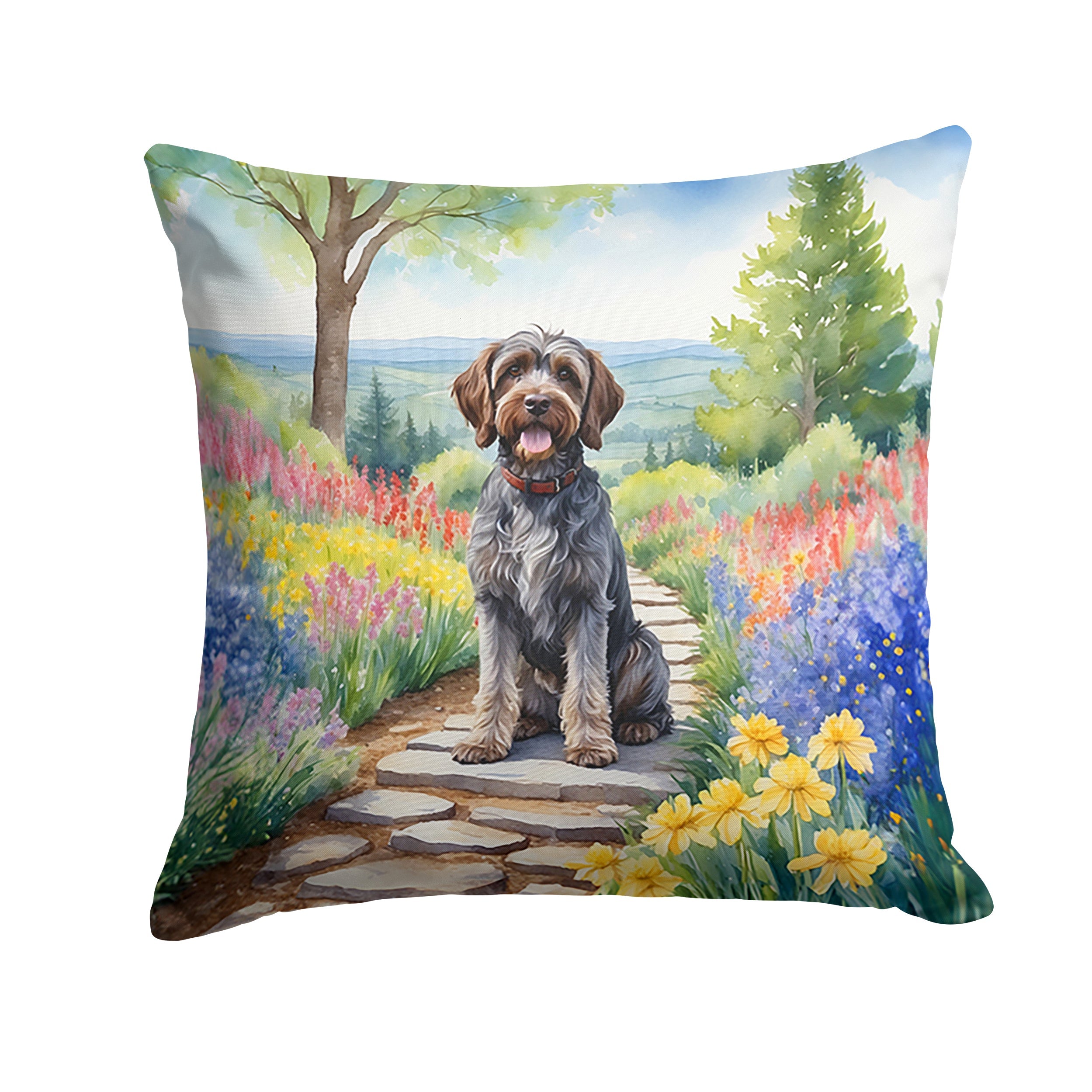 Wirehaired Pointing Griffon Spring Path Decorative Throw Pillow 18x18 Indoor Outdoor Accent Cushion, Fabric Cover with Insert for Sofa, Bed, Porch & Living Room