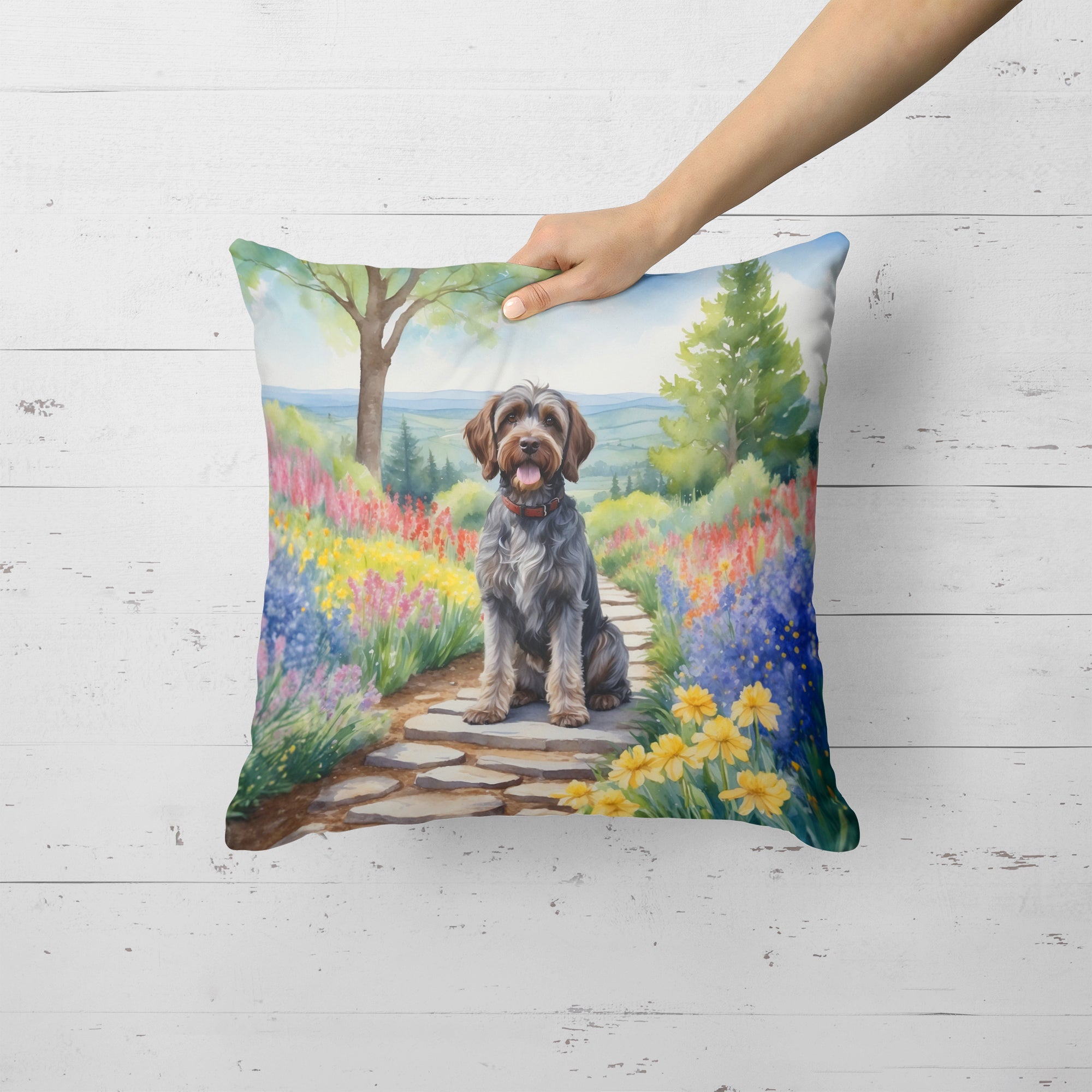 Wirehaired Pointing Griffon Spring Path Decorative Throw Pillow 18x18 Indoor Outdoor Accent Cushion, Fabric Cover with Insert for Sofa, Bed, Porch & Living Room