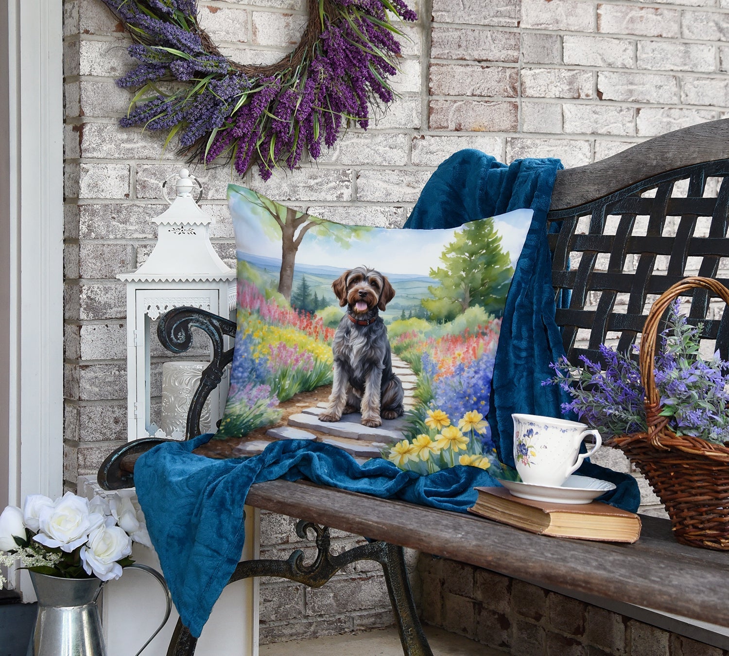 Wirehaired Pointing Griffon Spring Path Decorative Throw Pillow 18x18 Indoor Outdoor Accent Cushion, Fabric Cover with Insert for Sofa, Bed, Porch & Living Room
