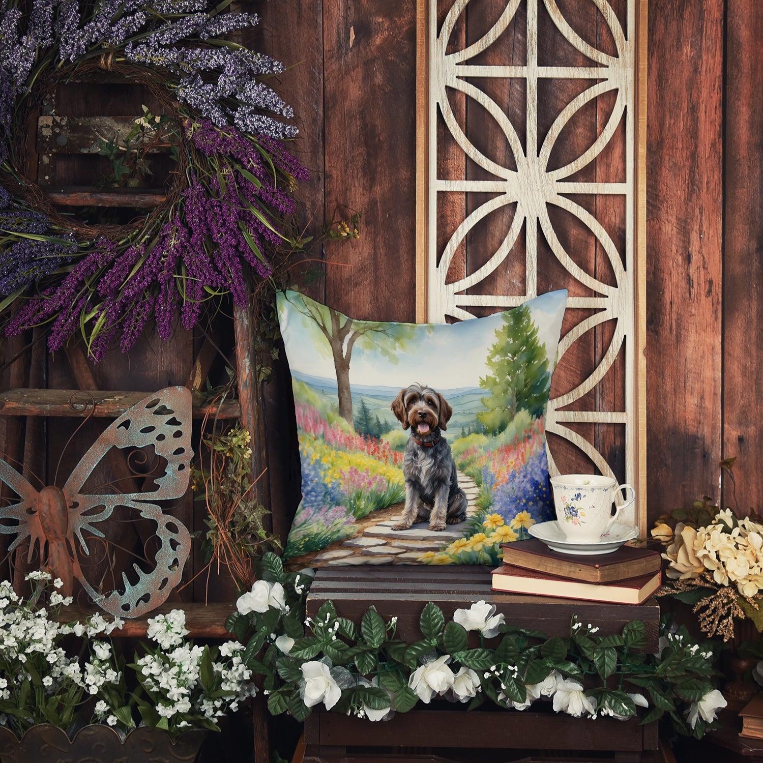 Wirehaired Pointing Griffon Spring Path Decorative Throw Pillow 18x18 Indoor Outdoor Accent Cushion, Fabric Cover with Insert for Sofa, Bed, Porch & Living Room