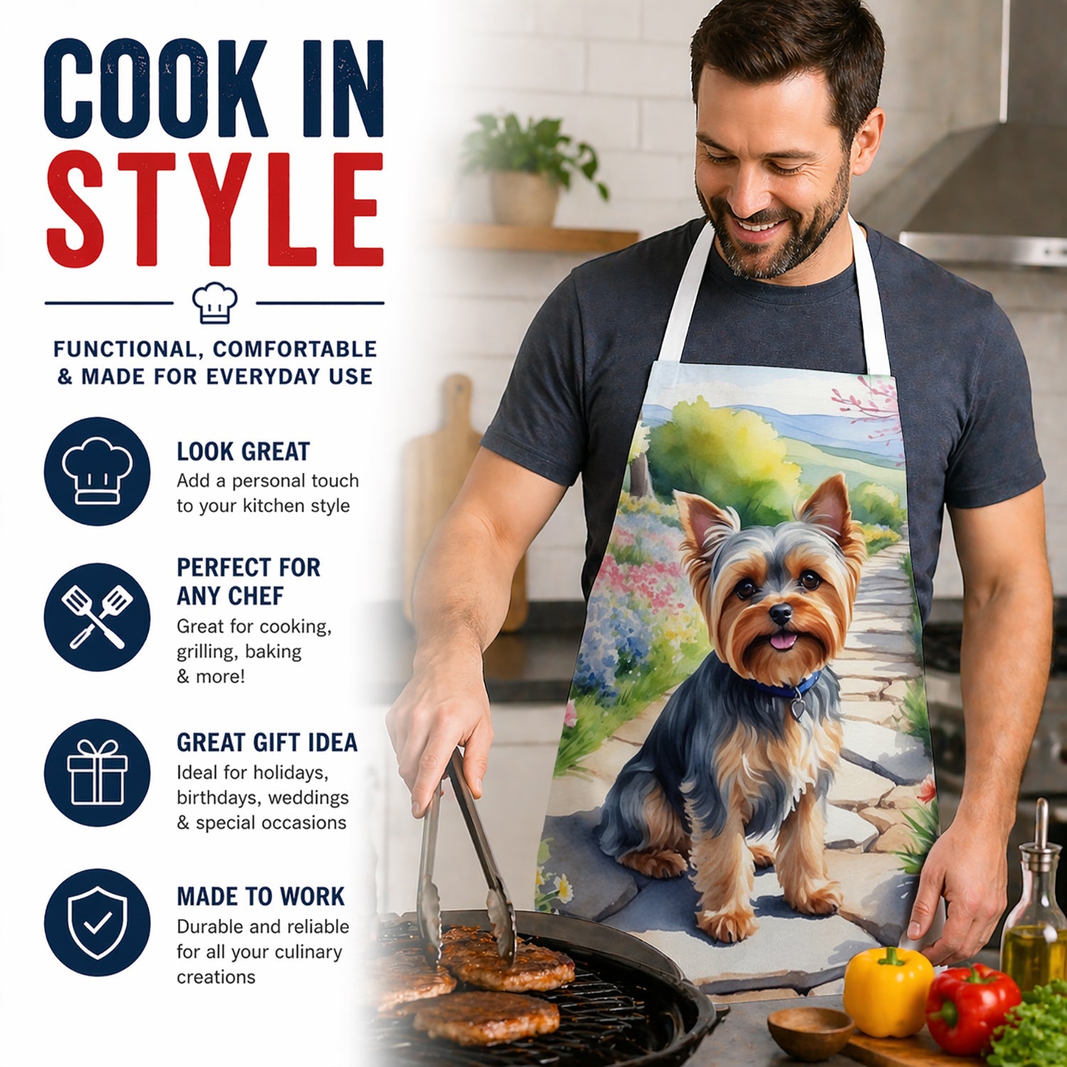 Yorkshire Terrier Spring Path Apron Cooking Kitchen Server Baking Crafts Gardening for Adult Women Men, Unisex, Large, Multicolor