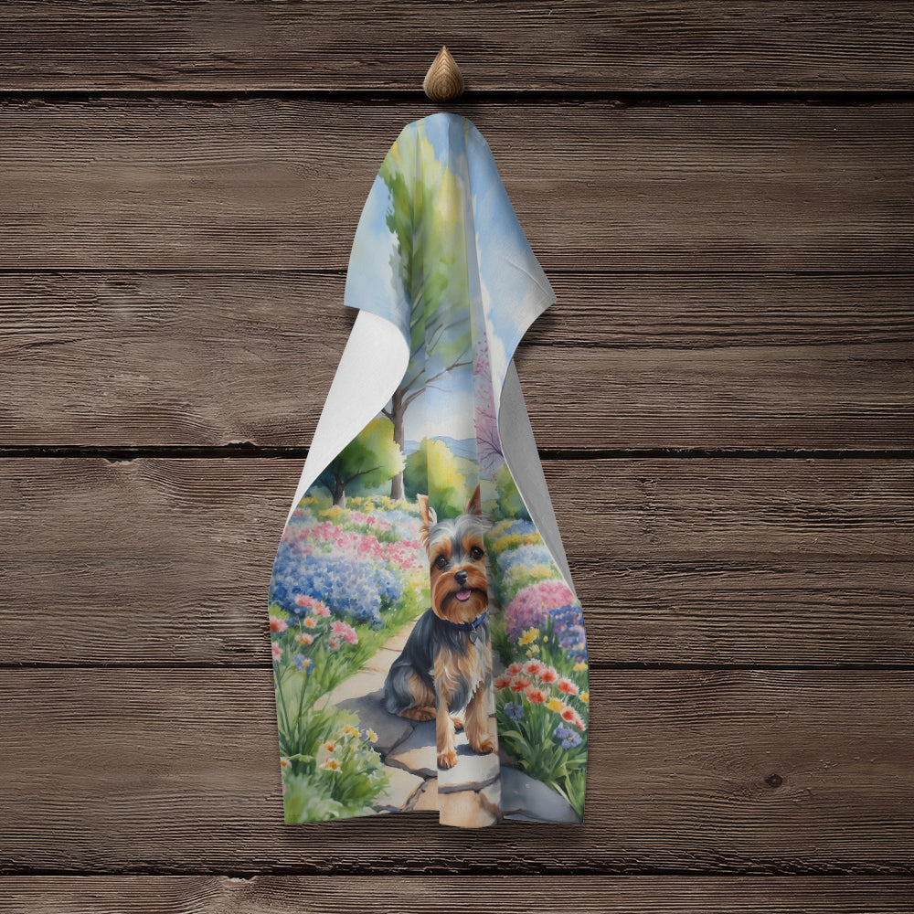 Yorkshire Terrier Spring Path Kitchen Towel Velour Plush Front and Cotton Loop Back Machine Washable
