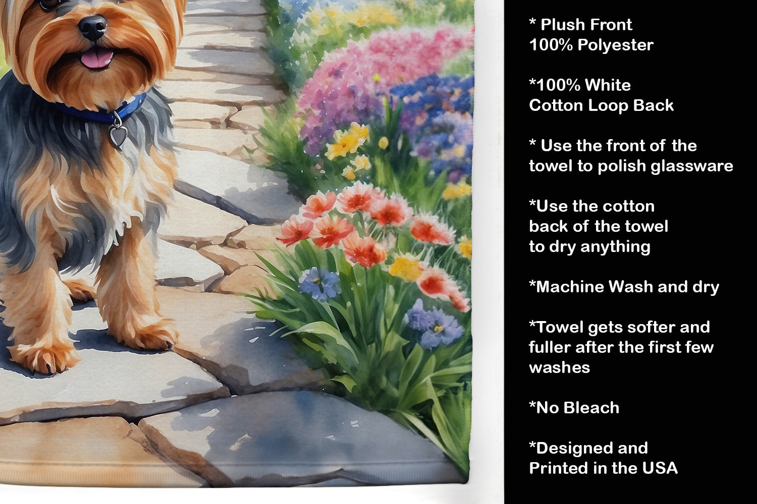 Yorkshire Terrier Spring Path Kitchen Towel Velour Plush Front and Cotton Loop Back Machine Washable