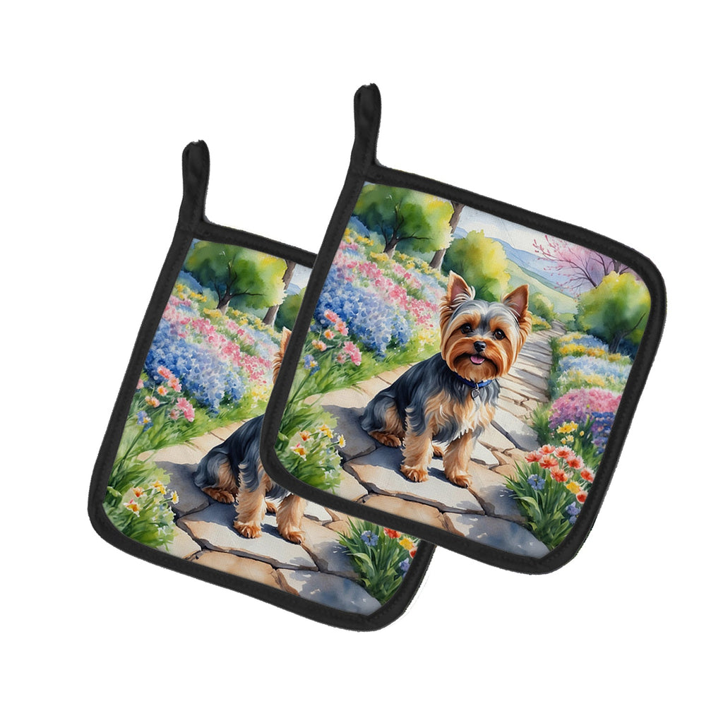 Yorkshire Terrier Spring Path Pot Holder Set of 2 Heat Resistant Quilted Hot Pads 7.5 x 7.5 Inch, Insulated Kitchen Trivets for Cooking & Baking
