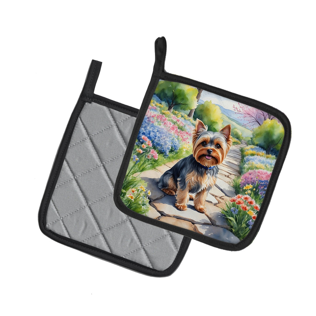 Yorkshire Terrier Spring Path Pot Holder Set of 2 Heat Resistant Quilted Hot Pads 7.5 x 7.5 Inch, Insulated Kitchen Trivets for Cooking & Baking