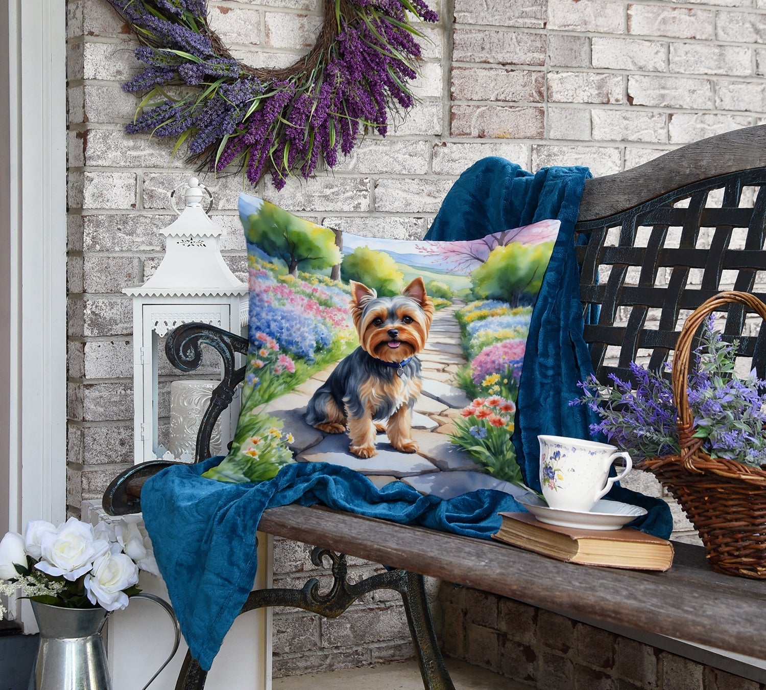 Yorkshire Terrier Spring Path Decorative Throw Pillow 18x18 Indoor Outdoor Accent Cushion, Fabric Cover with Insert for Sofa, Bed, Porch & Living Room