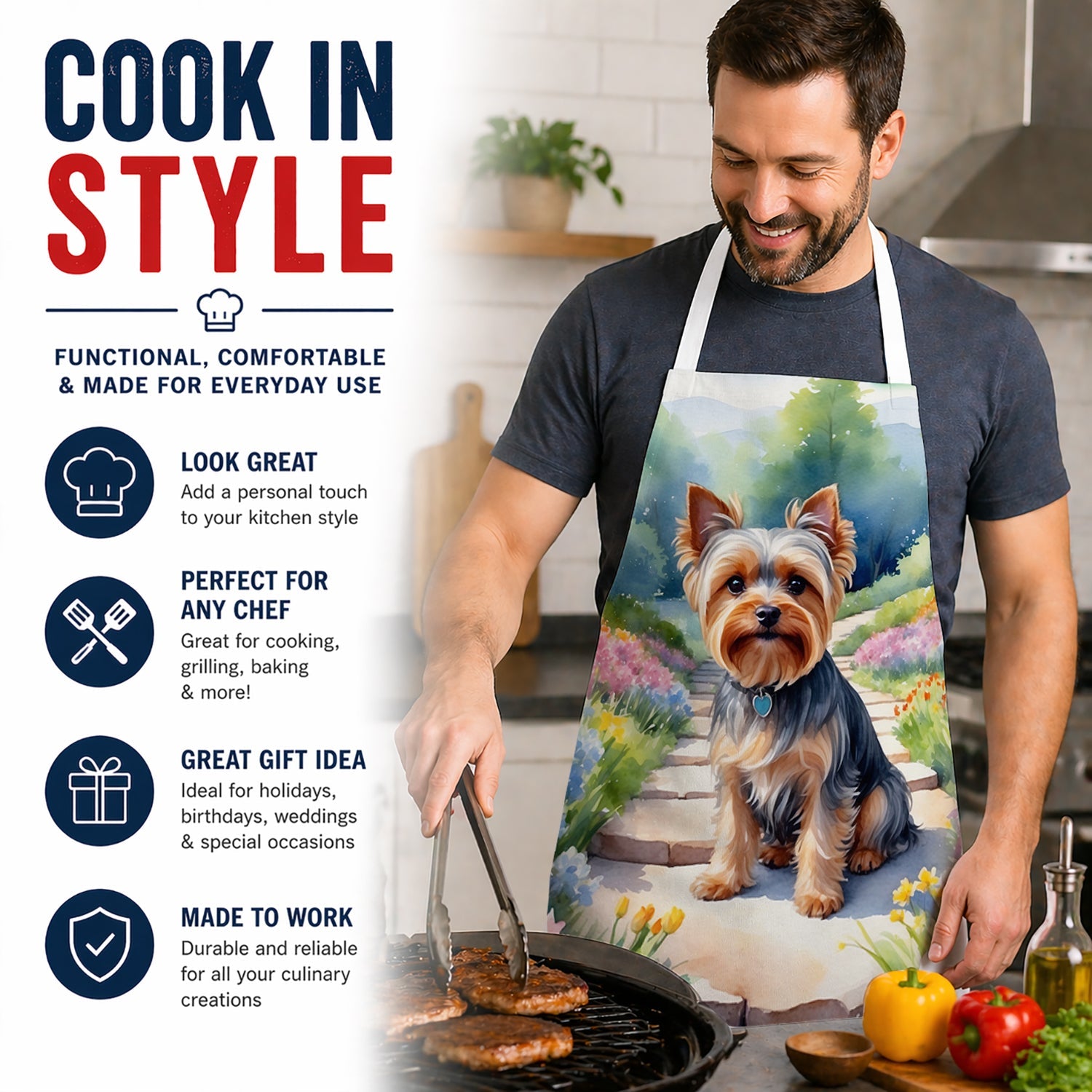 Yorkshire Terrier Spring Path Apron Cooking Kitchen Server Baking Crafts Gardening for Adult Women Men, Unisex, Large, Multicolor