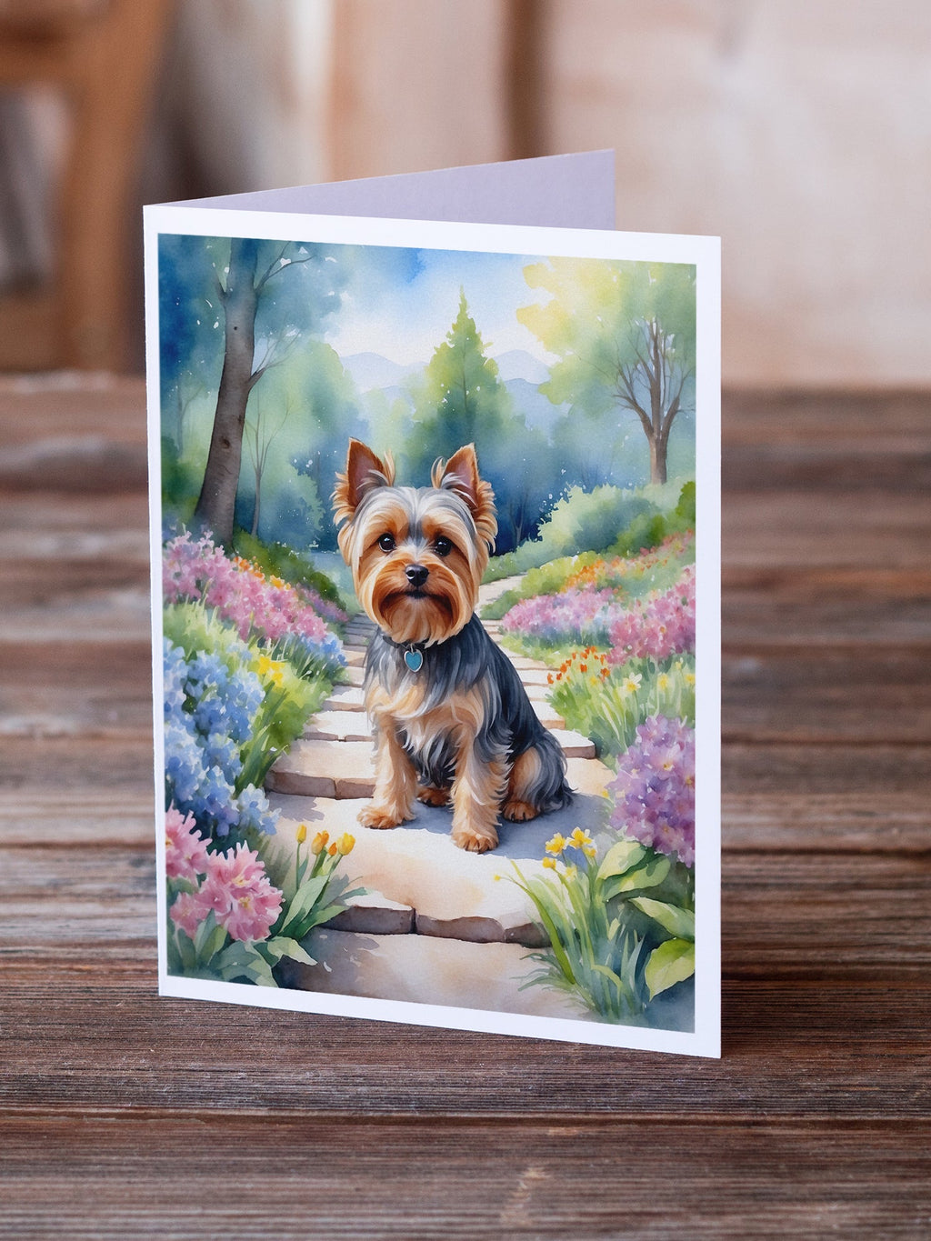 Yorkshire Terrier Spring Path Greeting Cards Pack of 8 Blank Cards with Envelopes Whimsical A7 Size 5x7