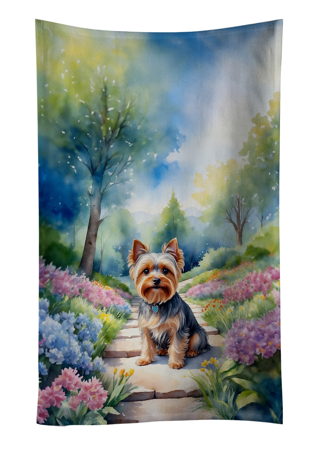 Yorkshire Terrier Spring Path Kitchen Towel Velour Plush Front and Cotton Loop Back Machine Washable