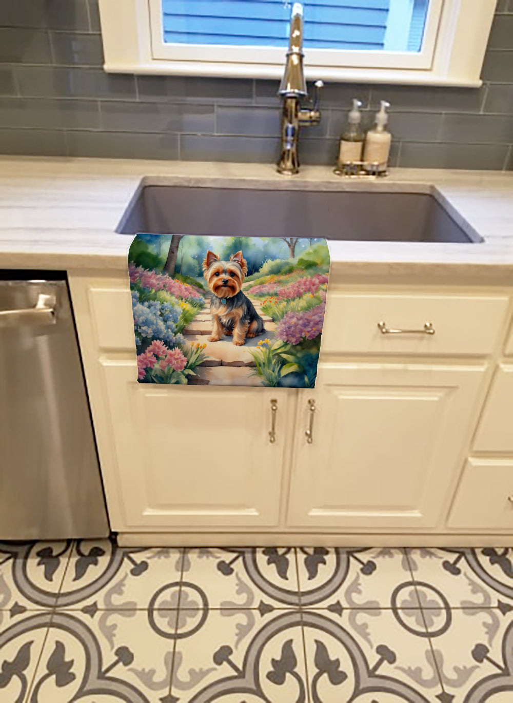 Yorkshire Terrier Spring Path Kitchen Towel Velour Plush Front and Cotton Loop Back Machine Washable