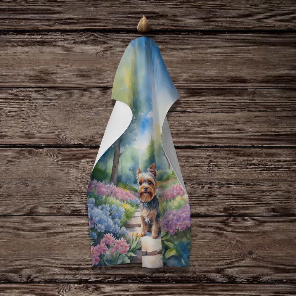 Yorkshire Terrier Spring Path Kitchen Towel Velour Plush Front and Cotton Loop Back Machine Washable
