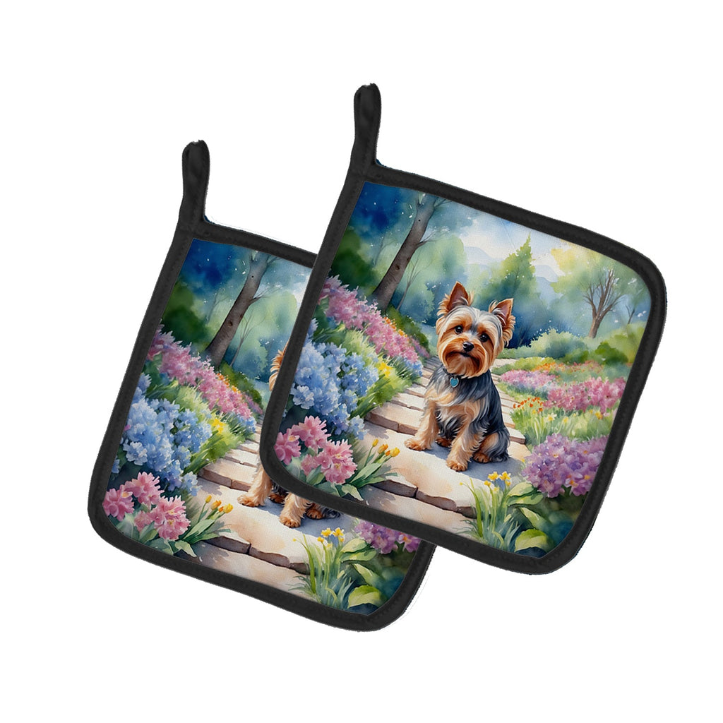 Yorkshire Terrier Spring Path Pot Holder Set of 2 Heat Resistant Quilted Hot Pads 7.5 x 7.5 Inch, Insulated Kitchen Trivets for Cooking & Baking