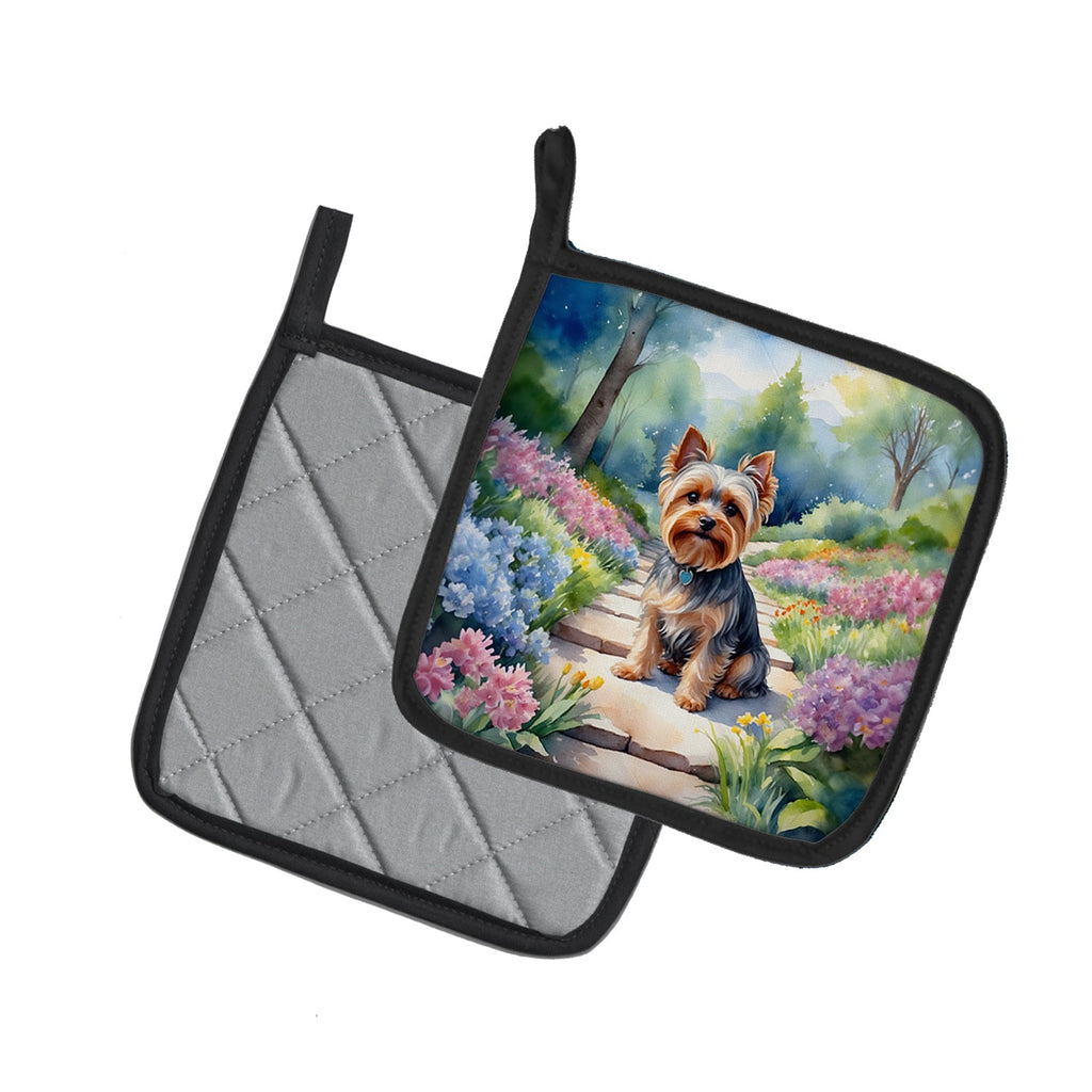 Yorkshire Terrier Spring Path Pot Holder Set of 2 Heat Resistant Quilted Hot Pads 7.5 x 7.5 Inch, Insulated Kitchen Trivets for Cooking & Baking