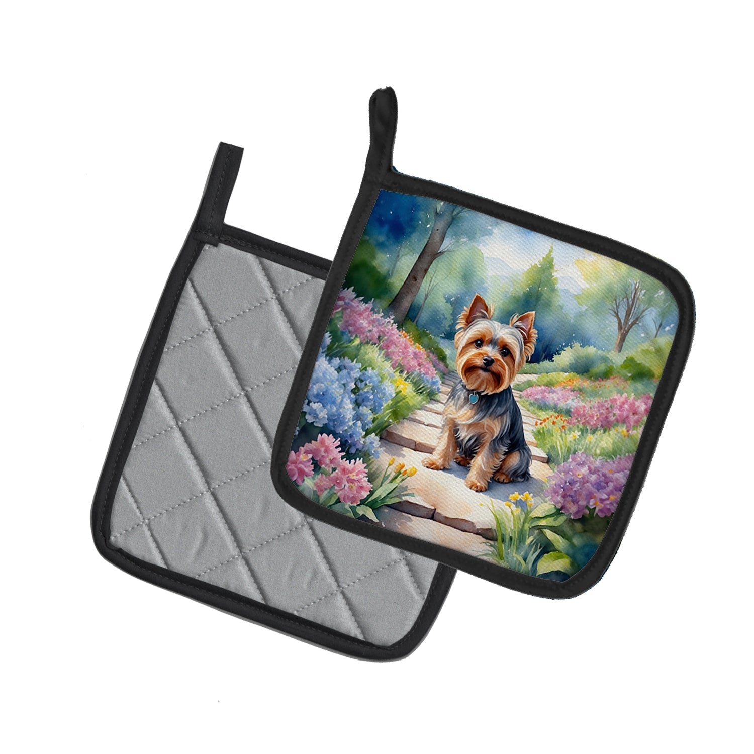 Yorkshire Terrier Spring Path Pot Holder Set of 2 Heat Resistant Quilted Hot Pads 7.5 x 7.5 Inch, Insulated Kitchen Trivets for Cooking & Baking
