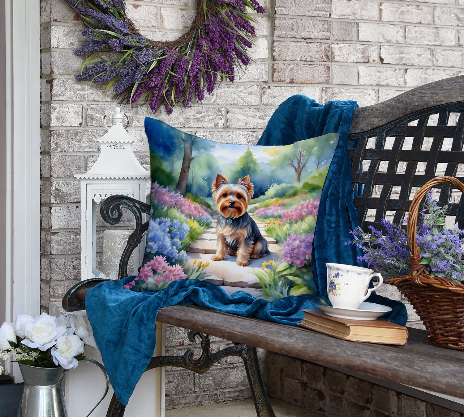 Yorkshire Terrier Spring Path Decorative Throw Pillow 18x18 Indoor Outdoor Accent Cushion, Fabric Cover with Insert for Sofa, Bed, Porch & Living Room