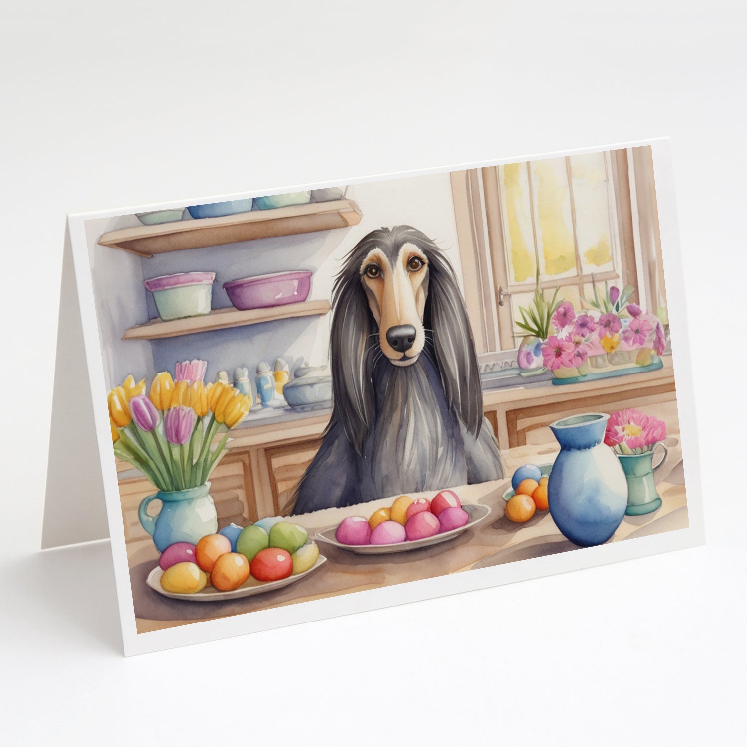 Decorating Easter Afghan Hound Greeting Cards Pack of 8 Blank Cards with Envelopes Whimsical A7 Size 5x7