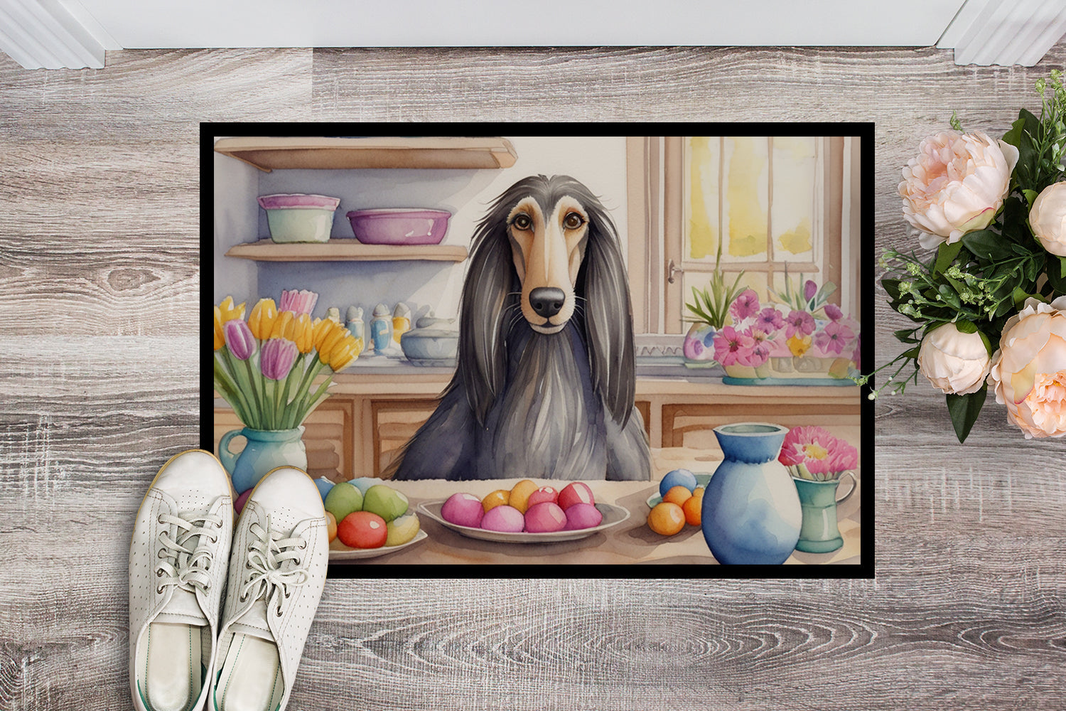 Decorating Easter Afghan Hound Doormat Indoor Outdoor 18H X 27W Front Door Mat Rugs for Entryway, Non Slip Washable