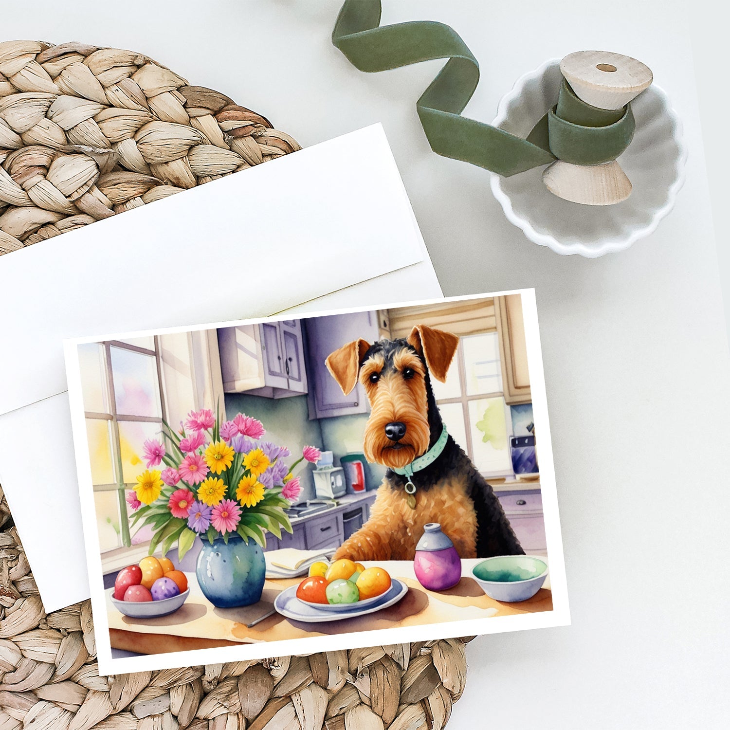 Decorating Easter Airedale Terrier Greeting Cards Pack of 8 Blank Cards with Envelopes Whimsical A7 Size 5x7