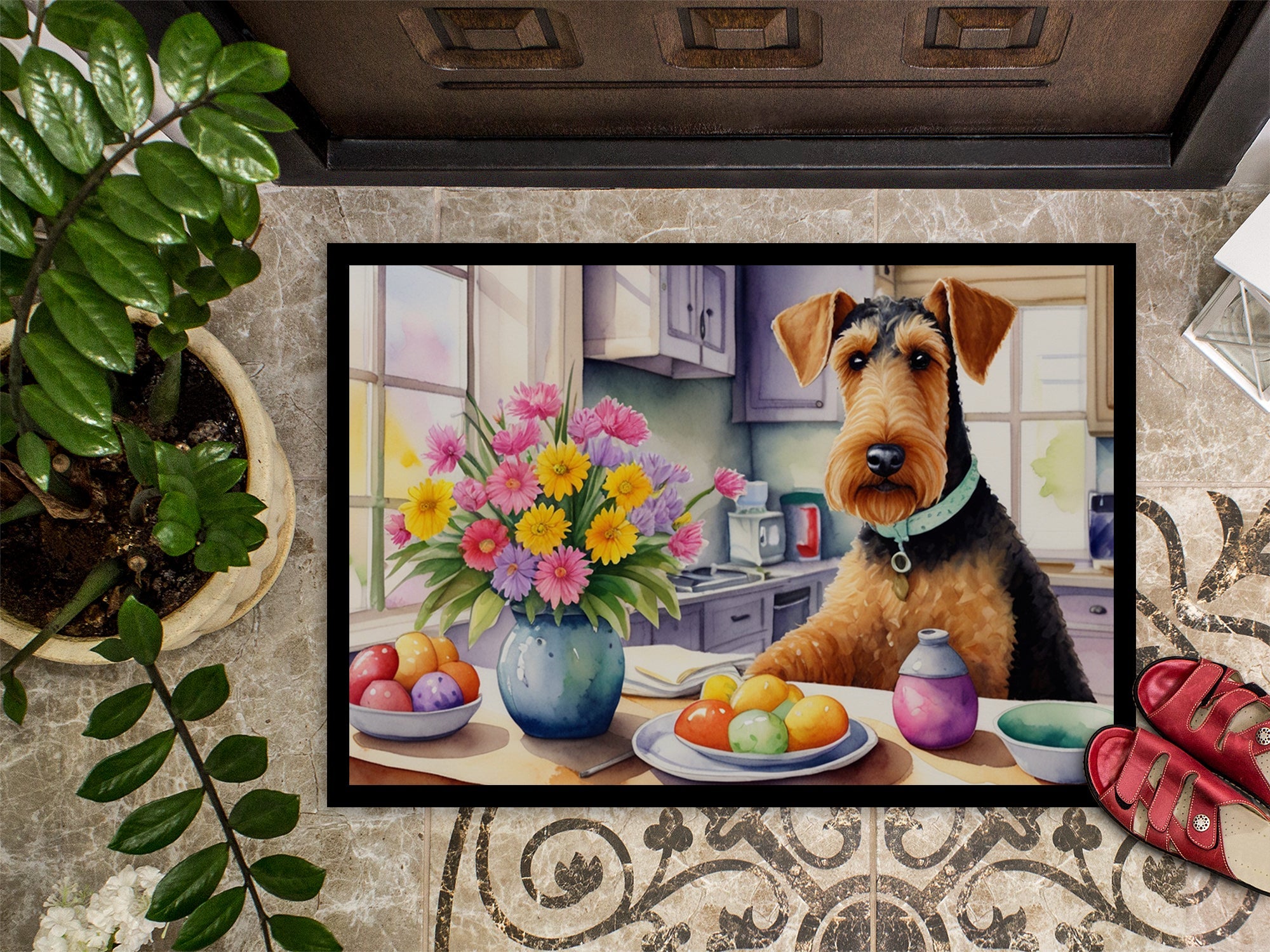 Decorating Easter Airedale Terrier Doormat Indoor Outdoor 24H X 36W Front Door Mat Rugs for Entryway, Non Slip Washable Low Pile,