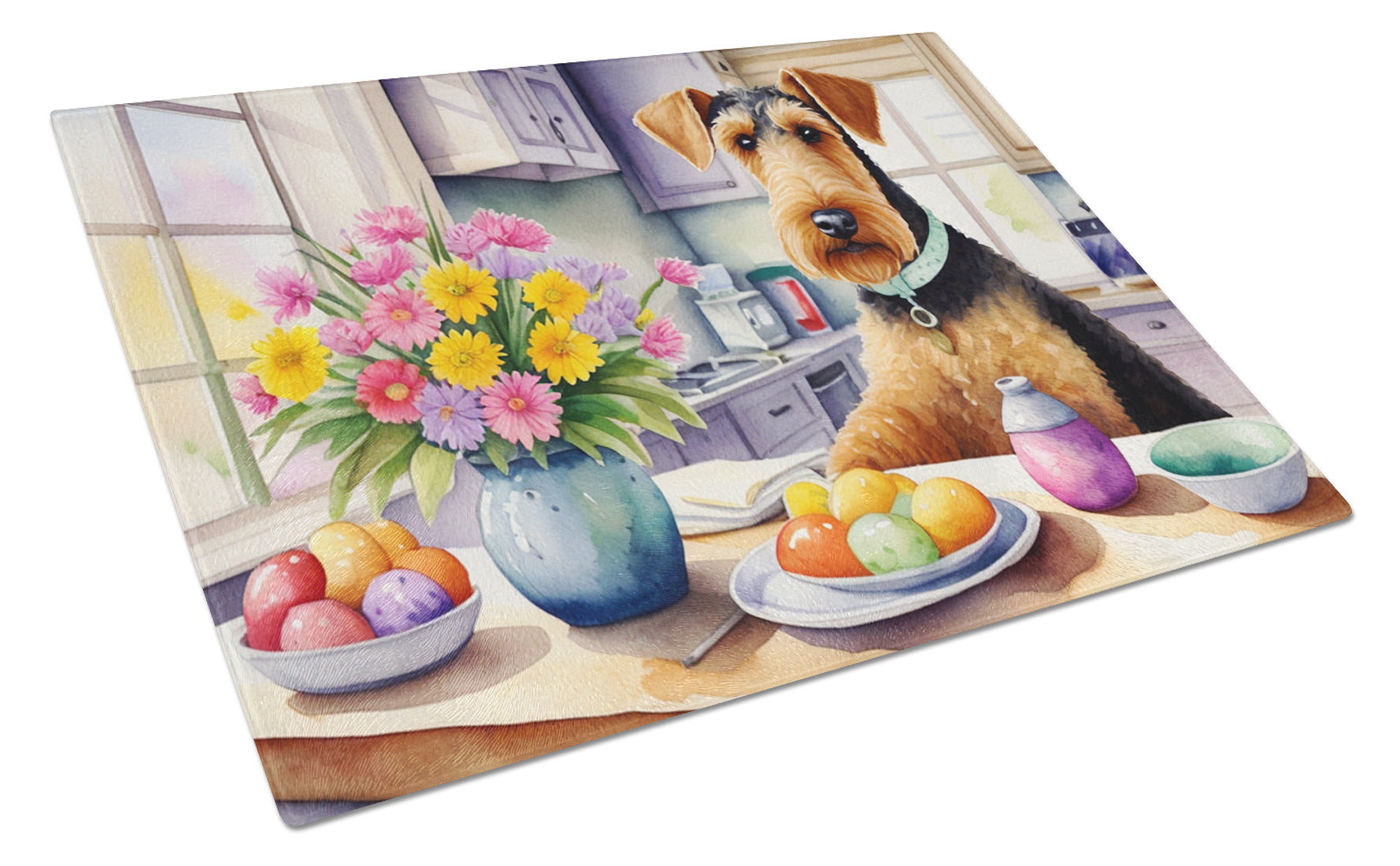 Decorating Easter Airedale Terrier Cutting Board Tempered Glass Kitchen Cutting Surface, Heat Resistant Chopping, Non-Slip Feet, Food Prep & Serving