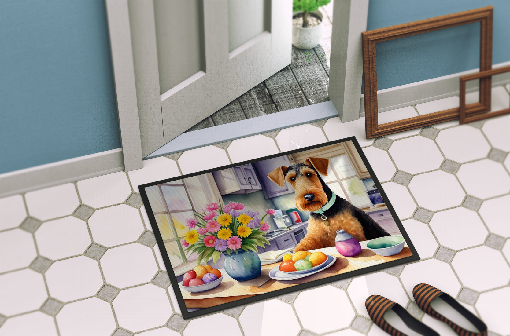 Decorating Easter Airedale Terrier Doormat Indoor Outdoor 18H X 27W Front Door Mat Rugs for Entryway, Non Slip Washable