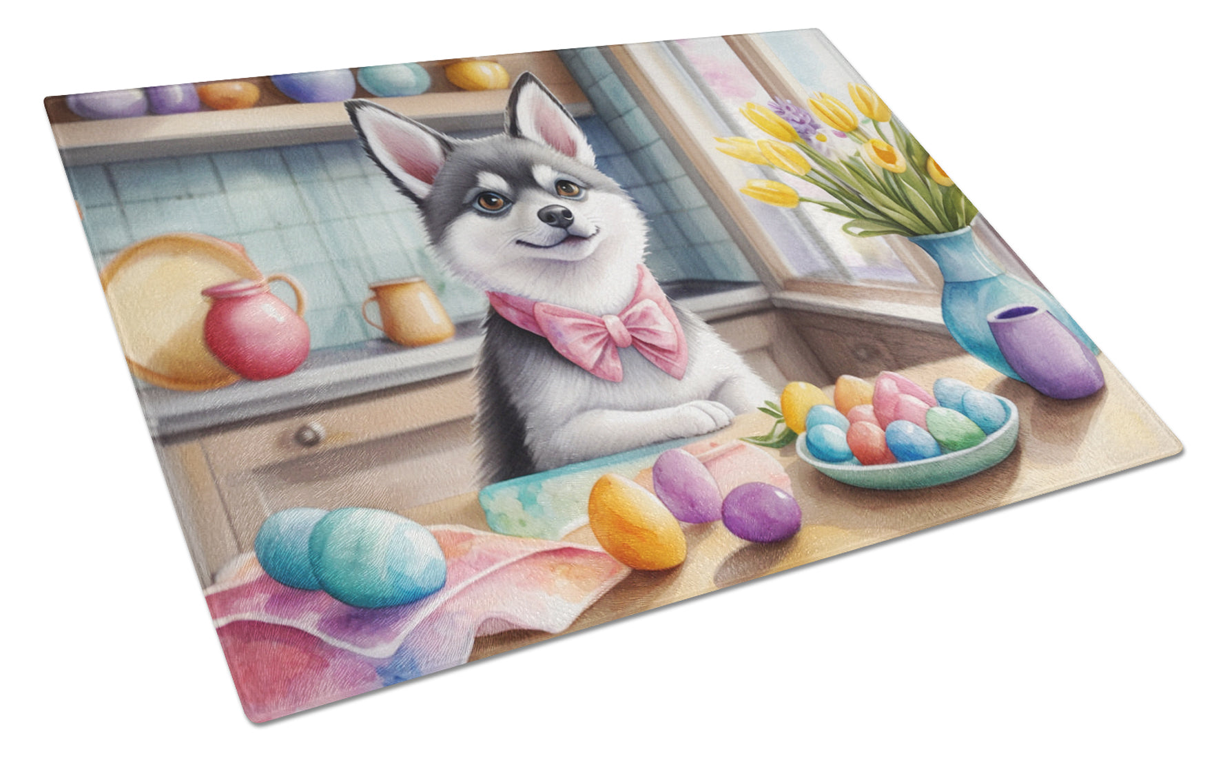 Decorating Easter Alaskan Klee Kai Cutting Board Tempered Glass Kitchen Cutting Surface, Heat Resistant Chopping, Non-Slip Feet, Food Prep & Serving