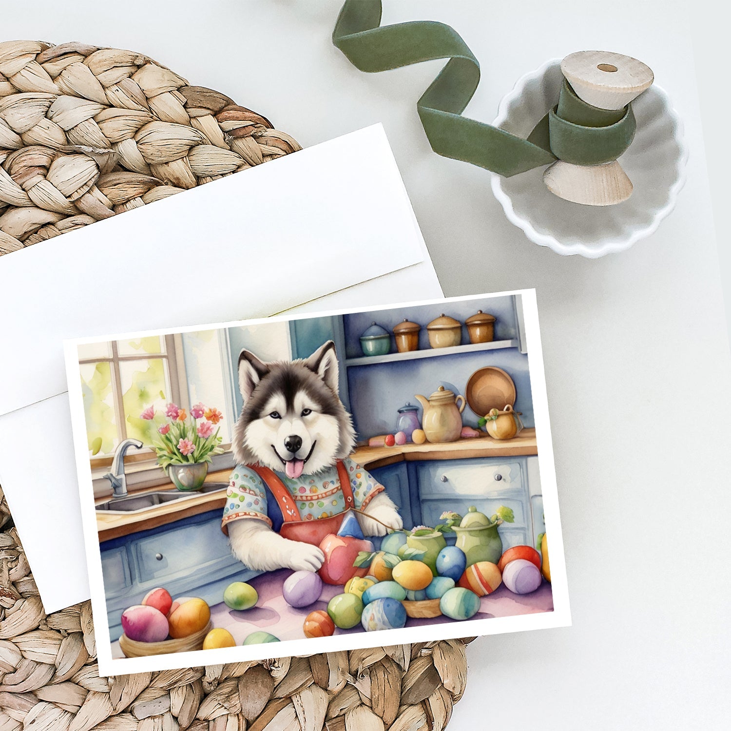 Decorating Easter Alaskan Malamute Greeting Cards Pack of 8 Blank Cards with Envelopes Whimsical A7 Size 5x7